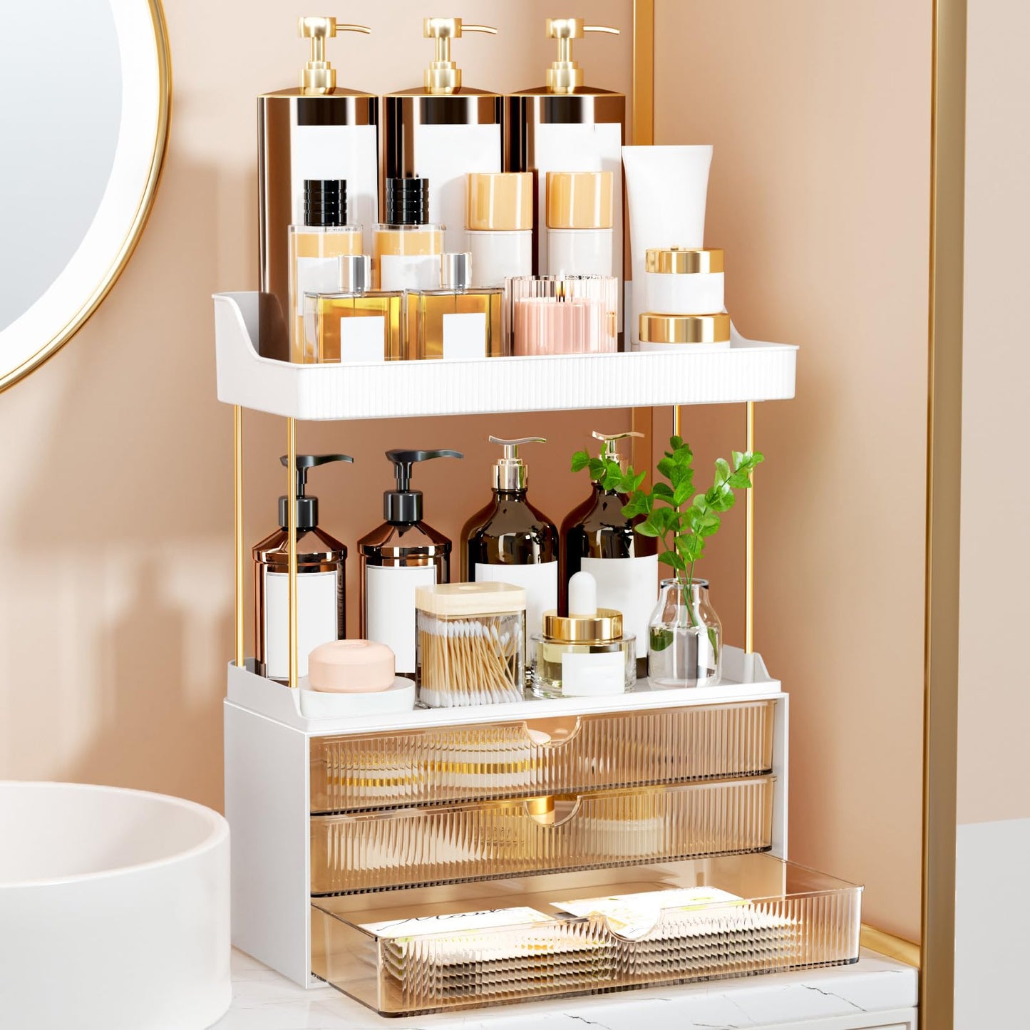 OrderlyGo Makeup Organiser - Upgrade 2 Tier 3 Drawers Large Vanity Organisers, Versatile Cosmetic Storage, Exquisite Bathroom & Skincare, Dressing