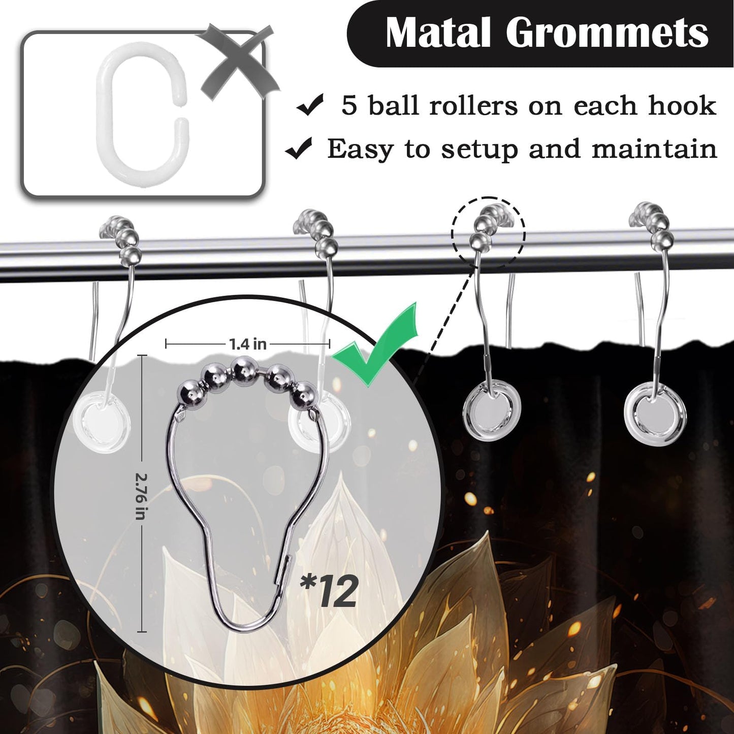 LanZanthic Lotus Shower Curtains for Bathroom Black and Gold Floral Spa Zen Wet Room Shower Curtain with hooks, Mould Proof Resistant, Waterproof