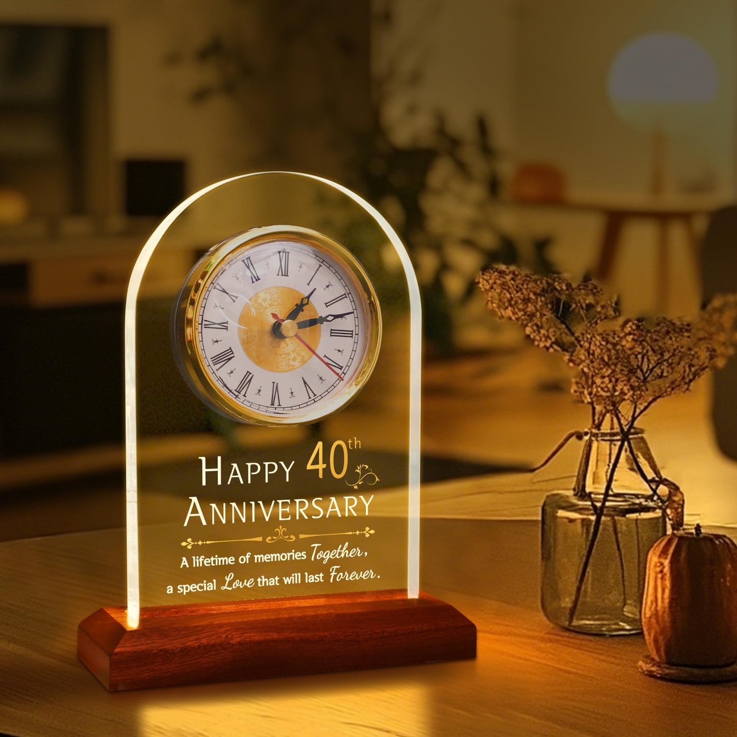 OkiyiD 40th Wedding, Light Up Anniversary Clock with LED Wooden Base for Couples Parents Bedroom Decor, Happy 40th for Husband Wife