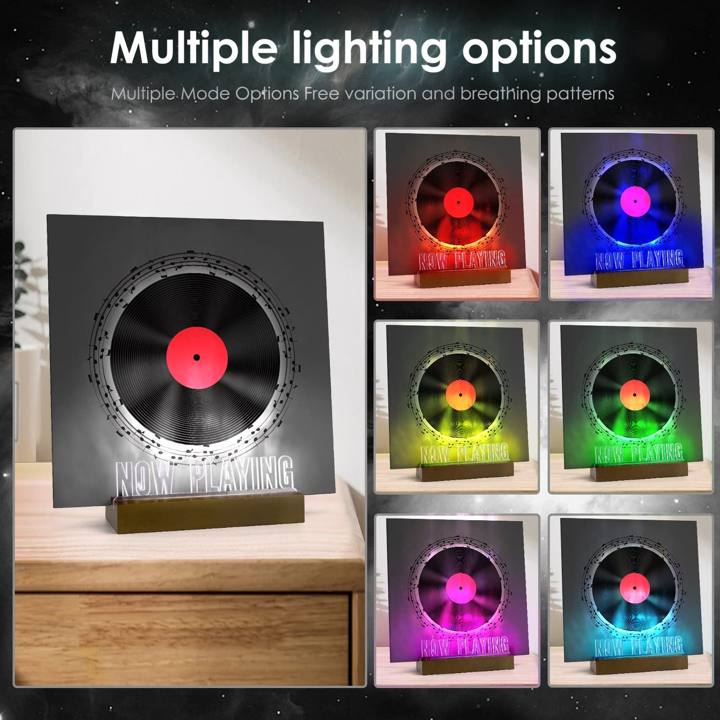 Now Playing Vinyl Record Stand, Vinyl Album Display Holder, 7-Color Lights