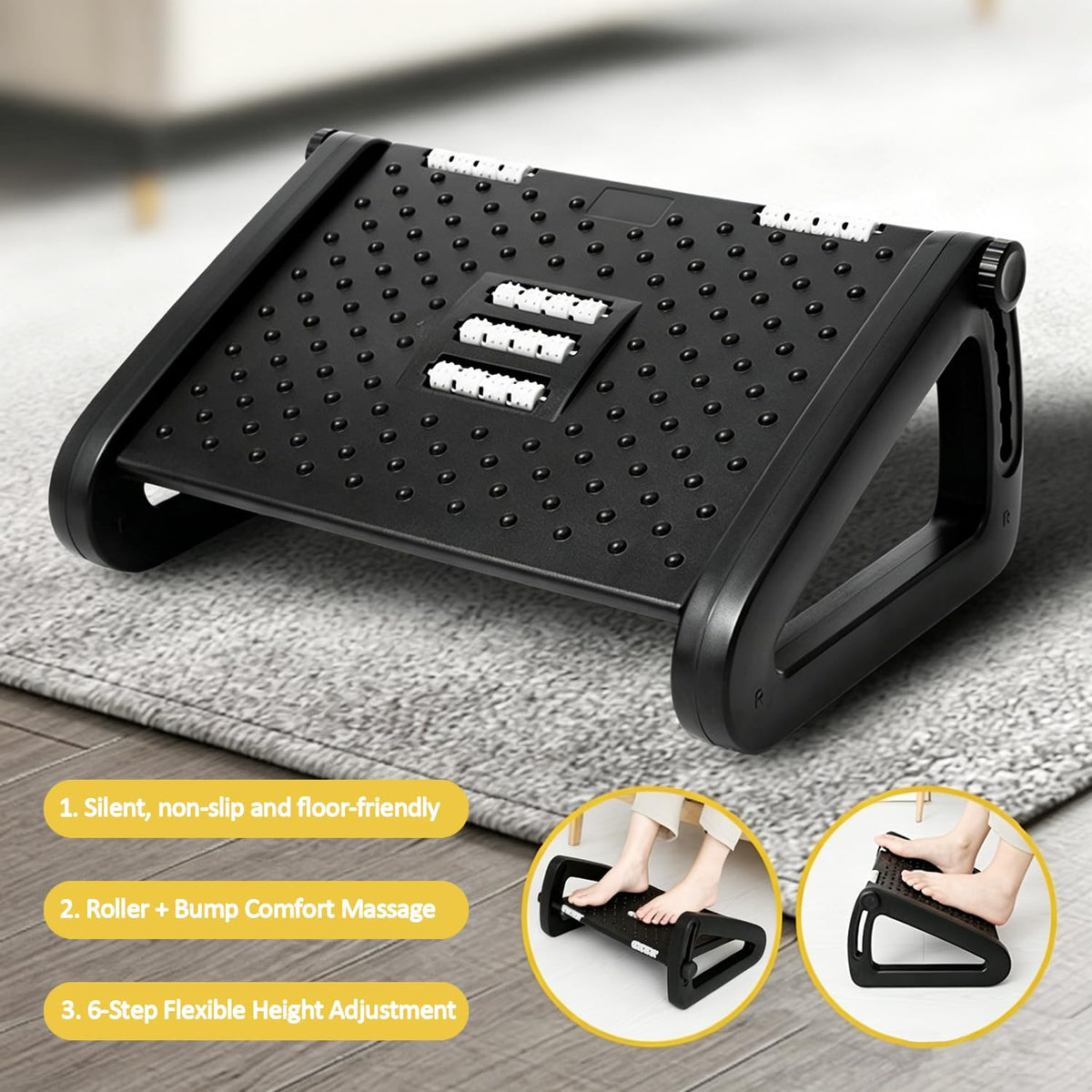 Adjustable Foot Rest Under Desk, 6-Height Adjustable Roll Massage Function