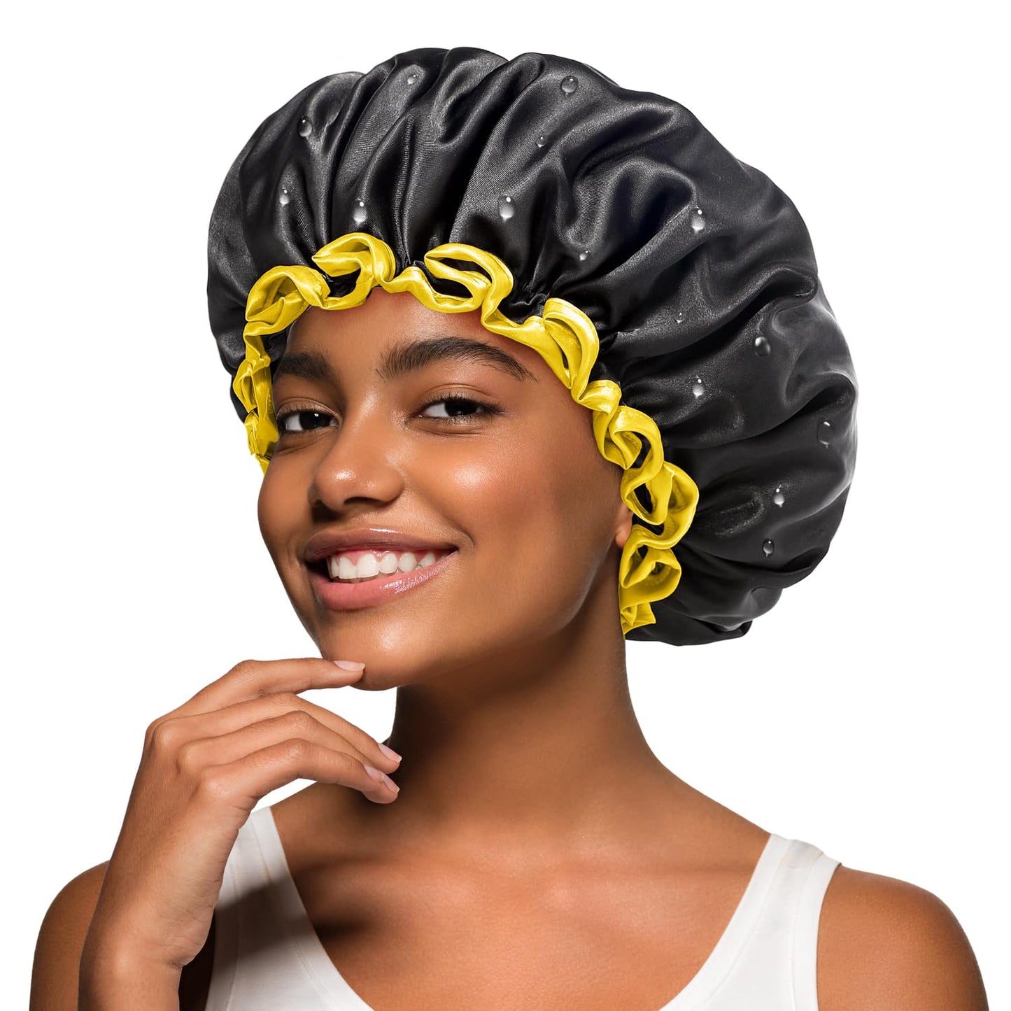 mikimini Black Shower Cap for Women and Men, Reusable Waterproof Bath Cap for Curly Thick Hair, Double-Layered Medium Hair Hats 2 Packs