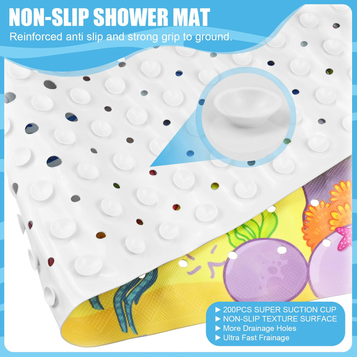 Baby Bath Mat Non Slip Anti Mould, 100 x 40cm Extra Long Bath Shower Tub Mat with Suction Cups and Drain Holes, Cartoon Patterned Kids Shower Mats
