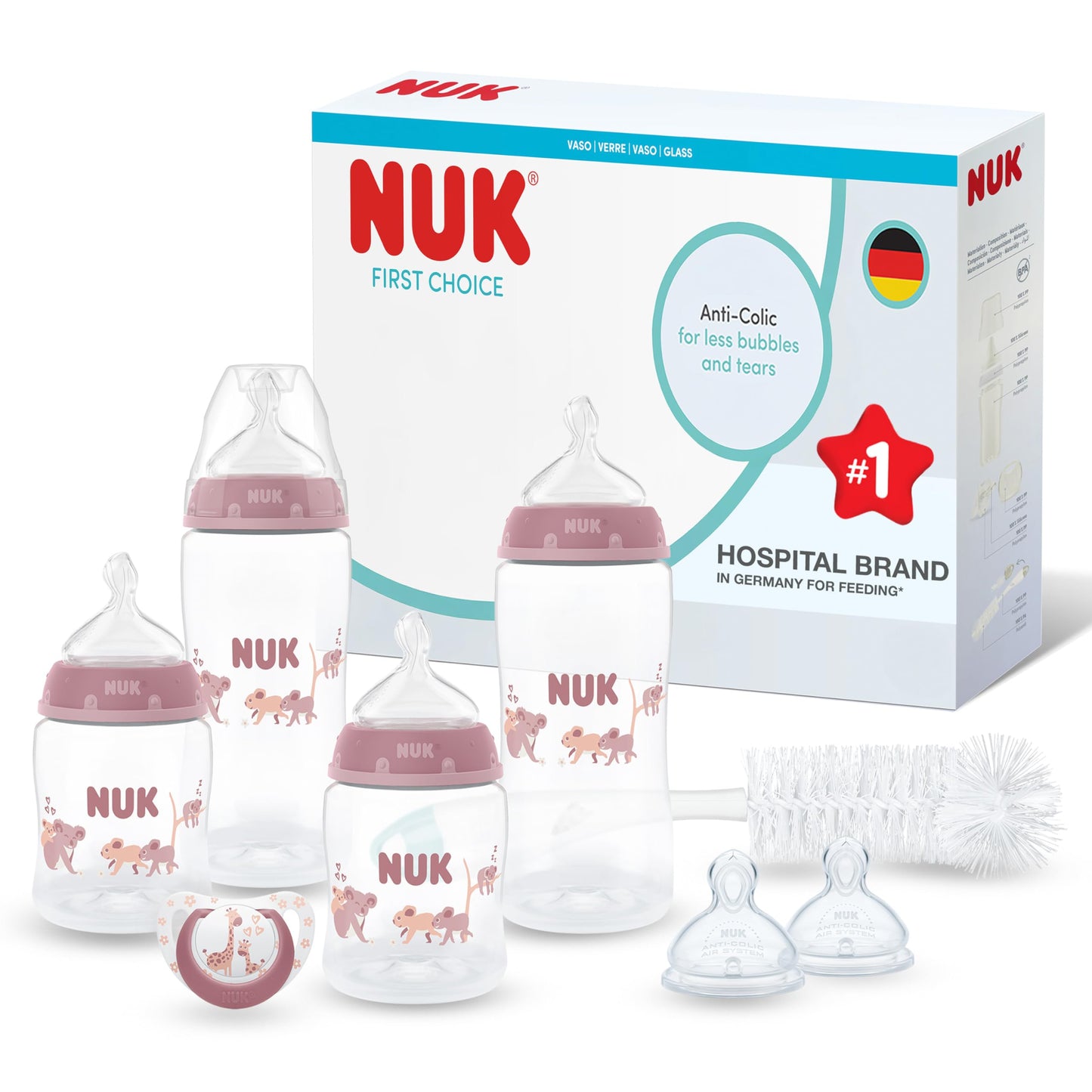 NUK First Choice Perfect Start Baby Bottles Set | 0-6 Months | 4 x Anti Colic Feeding Bottles (150ml, 300ml), 2 x Teats, 1 x First Choice Dummy, 1 x