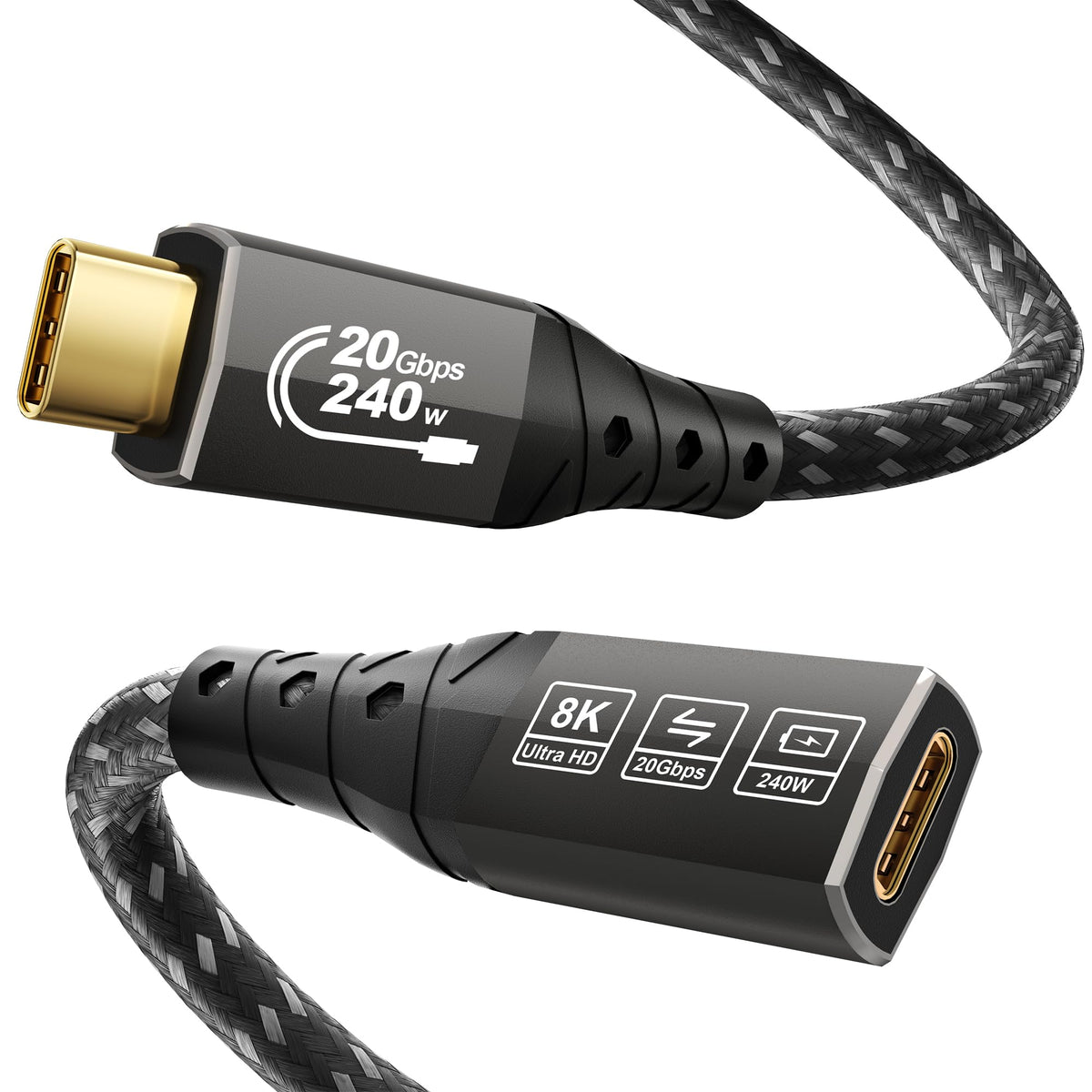 ZIKNYDO 8K USB C Extension 2m, (USB C Extender 20Gbps Data Transfer, Charging 240W), Video 4K@144Hz/ 60Hz USB 3.2 Type C Extension Cable for
