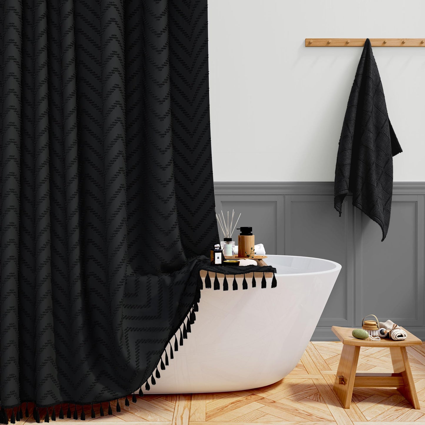 BTTN Narrow Boho Tufted Chevron Shower Curtain, Waterproof, 92x186cm, Black