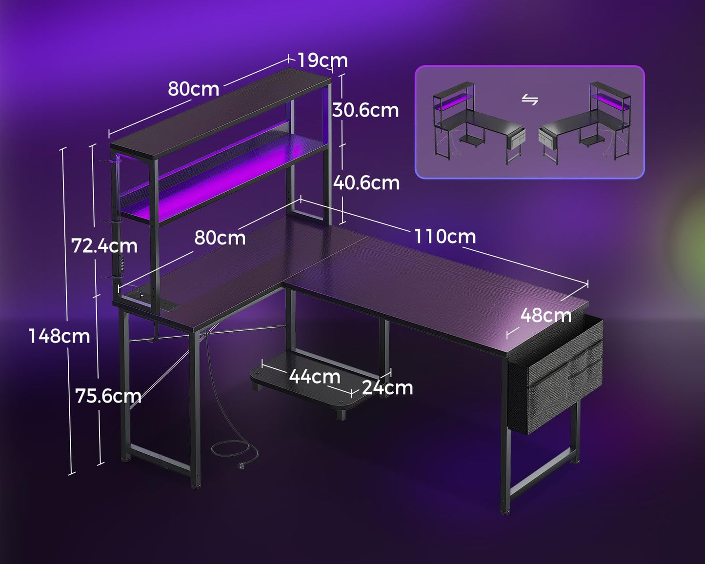Coleshome L Shaped Gaming Desk with LED Lights & Power Outlet, Black