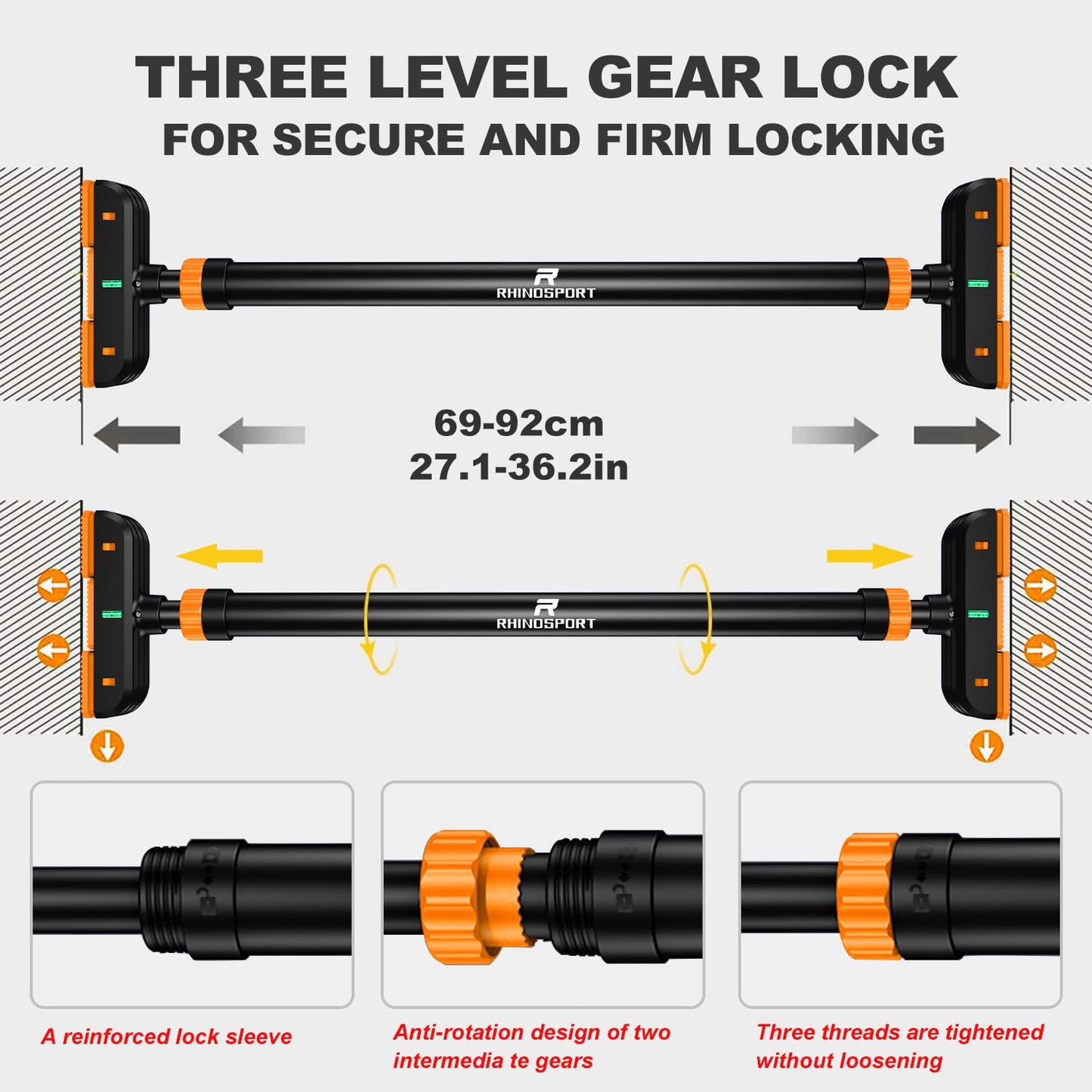 RHINOSPORT Door Pull Up Bar Doorway Chin Up Bar from 69-92 cm (27.2in-36.2in) Workout Equipment No Screws