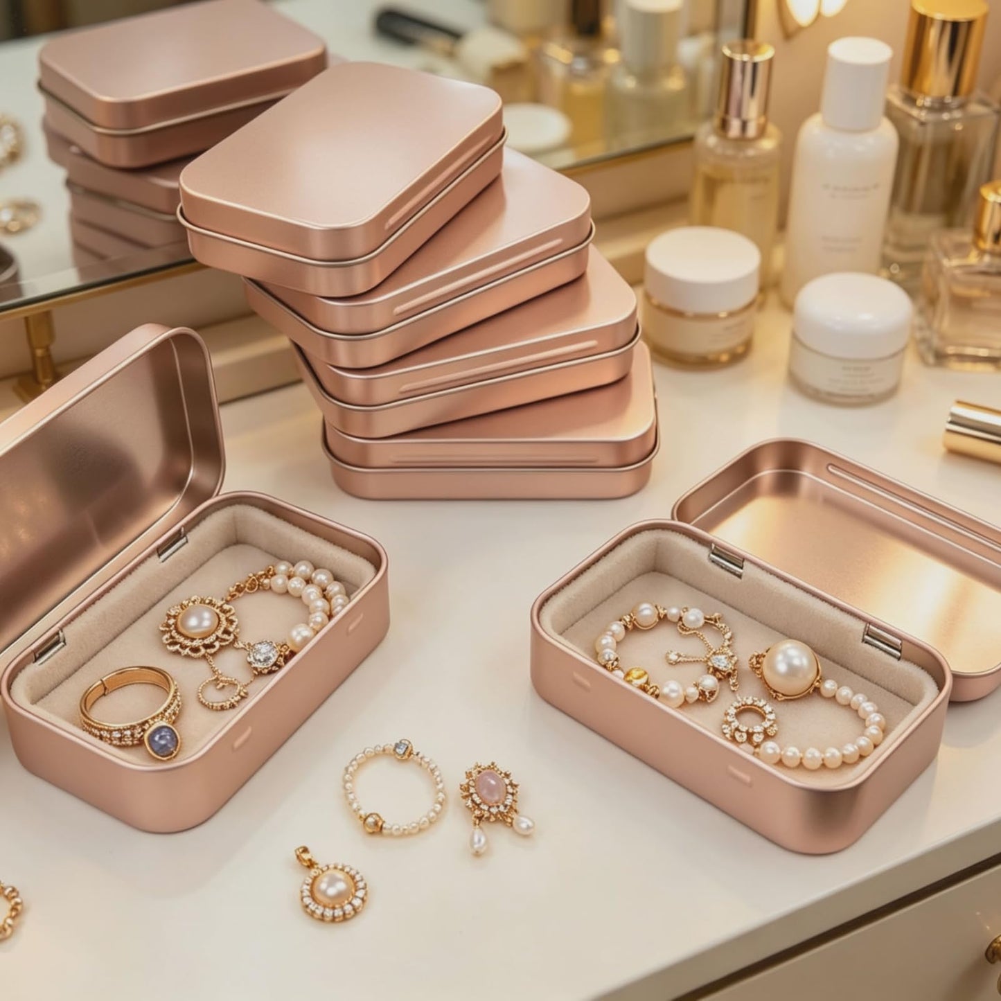 Rectangular Metal Hinged Tins, Rose Gold, 20 Pieces, 95x62x20mm