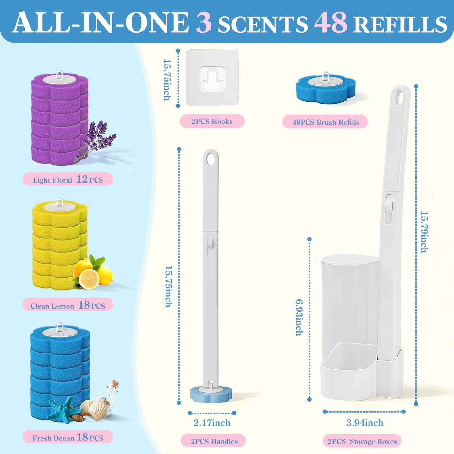Disposable Toilet Brush 2 Pack with 48 Refill Heads