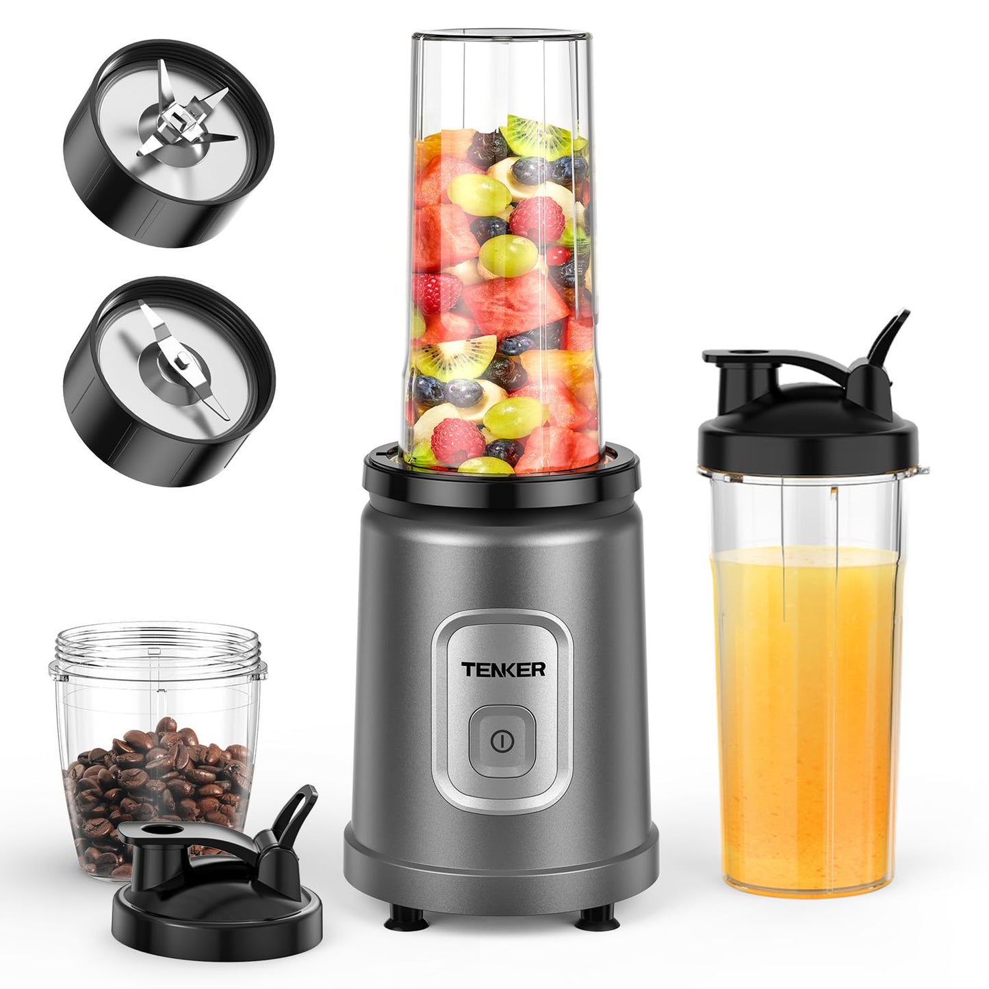 TENKER Smoothie Blender Personal Size for Shakes and Smoothies, with 2 * 650ml Blending Cup, 1*Grinding Cup Non-BPA, Extractor Blends Nuts, Frozen
