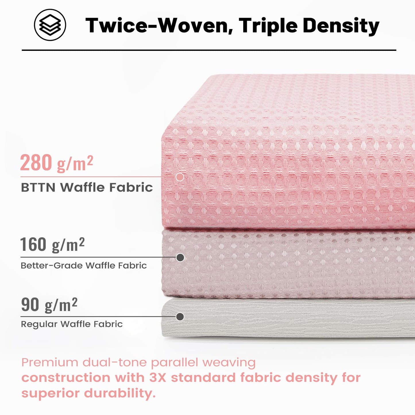 BTTN Extra Long Waffle Shower Curtain, Waterproof, 182x244cm, Pink