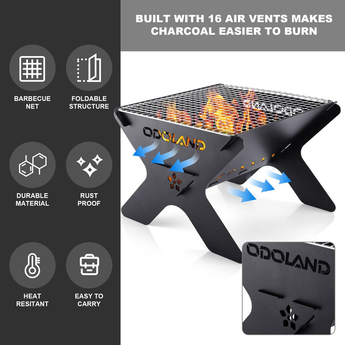 Odoland Camping Fire Pit, Portable Fire Pit for Camping, 2 in 1 Wood Burning Fire pit Grill with Detachable Cooking Grate for Outdoor BBQ, with Carry