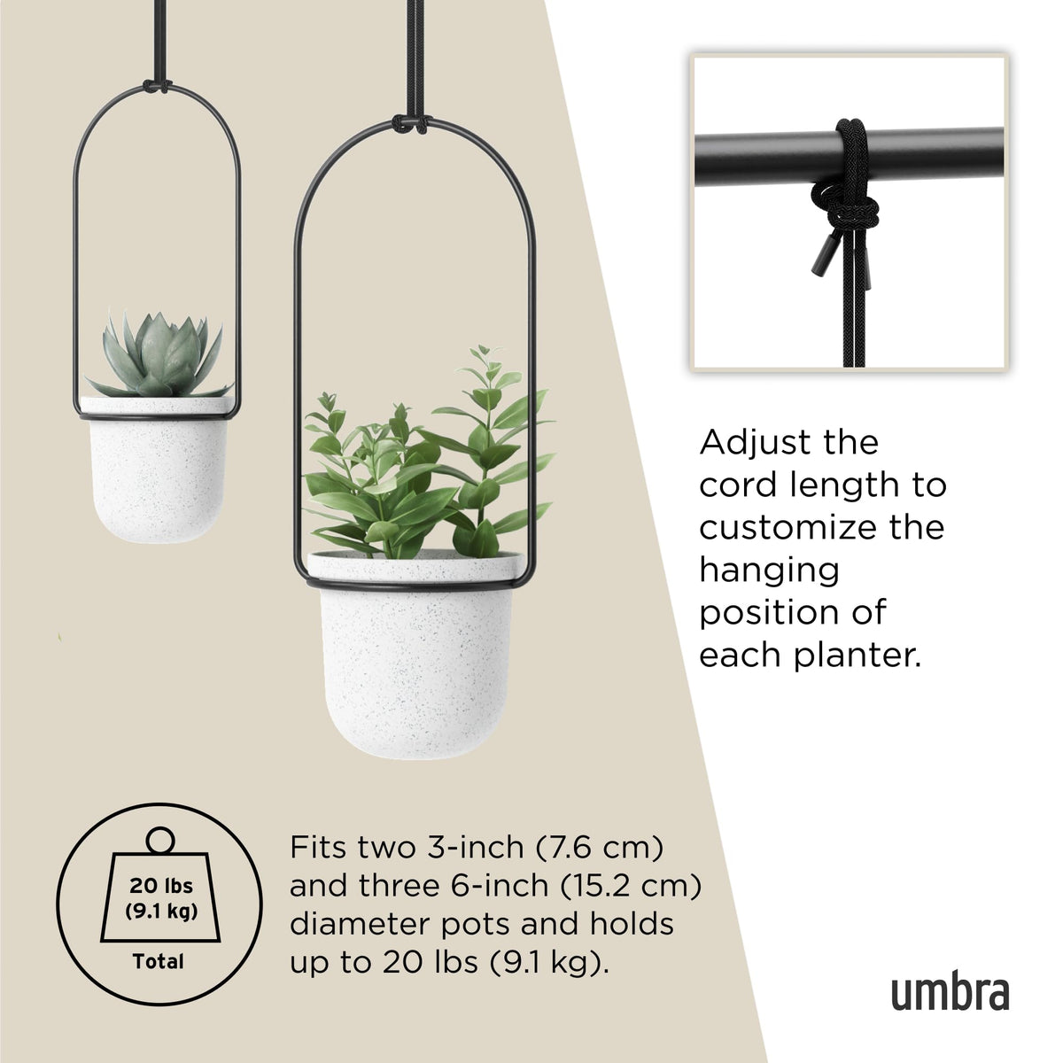 Umbra Hanging Planter, for Succulents, Herbs and Other Small Plants, Polypropylene Metal, Weiss, 5 Pots