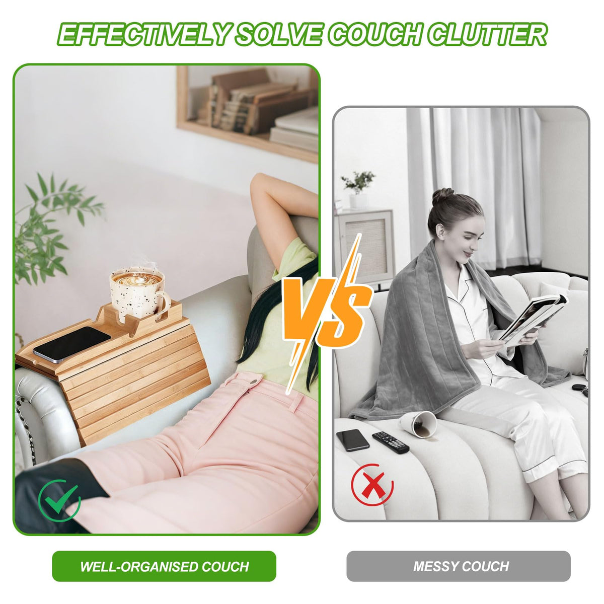 Sofa Arm Tray Natural Wooden, 2-in-1 Foldable Arm Chair Table with Detachable Tray, Anti-Slip Sofa Armrest Organizer for Recliners, Sectionals