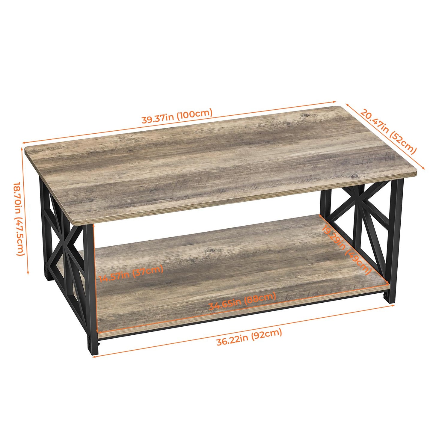 GreenForest Coffee Table with 2-Tier Storage,100 cm Living Room Table with Round Corner, Center Table with X-Frame Design for Home Office,Grey Wash