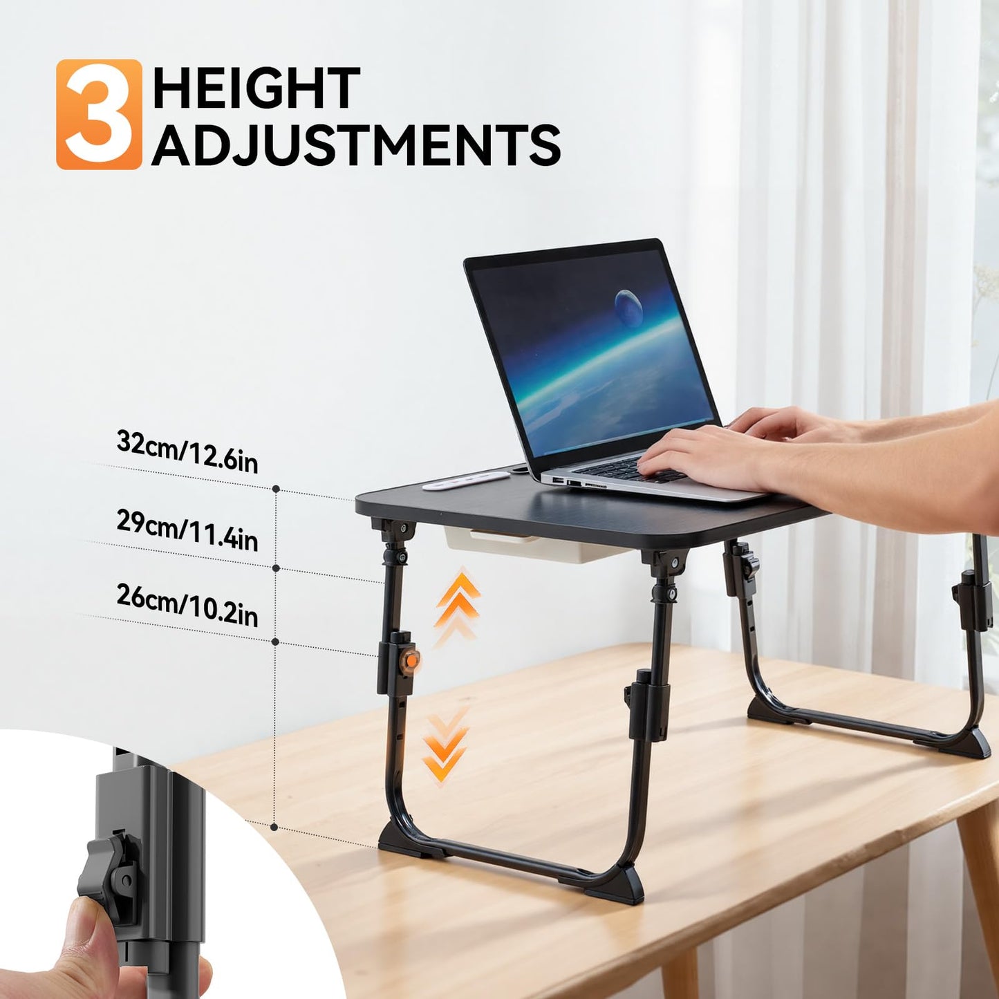 BTGGG Laptop Bed Table Height Adjustable, Upgraded Bed Desk with USB Charge Port & Side Drawer