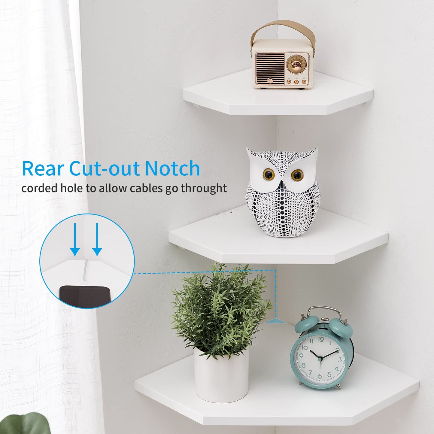 GIEANOO White corner shelf, Set of 2 Solid Oak Wood White Floating Corner Shelves Wall Mount Organizer with Wire Hole Small Plant Display for Kitchen