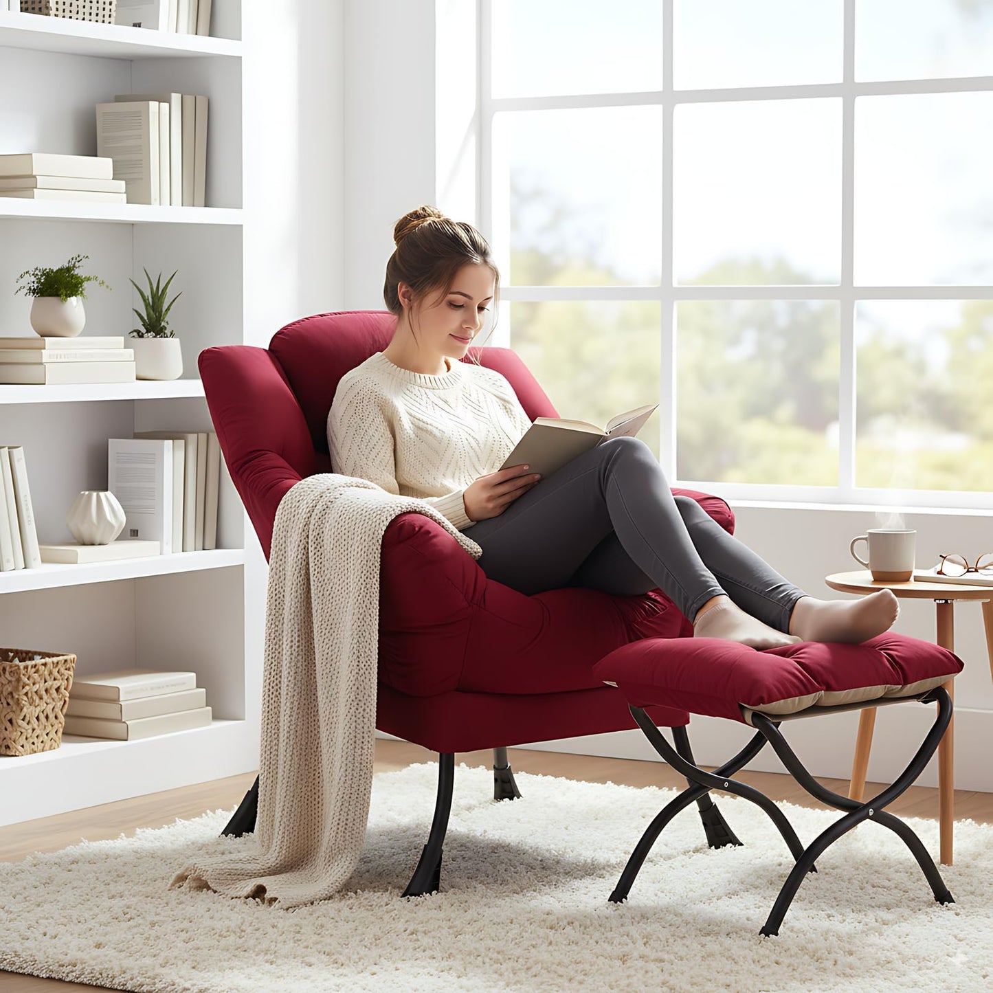 YOTATING Modern Lazy Chair with Ottoman, Accent Contemporary Lounge Leisure Upholstered Sofa Set with Armrests and a Side Pocket