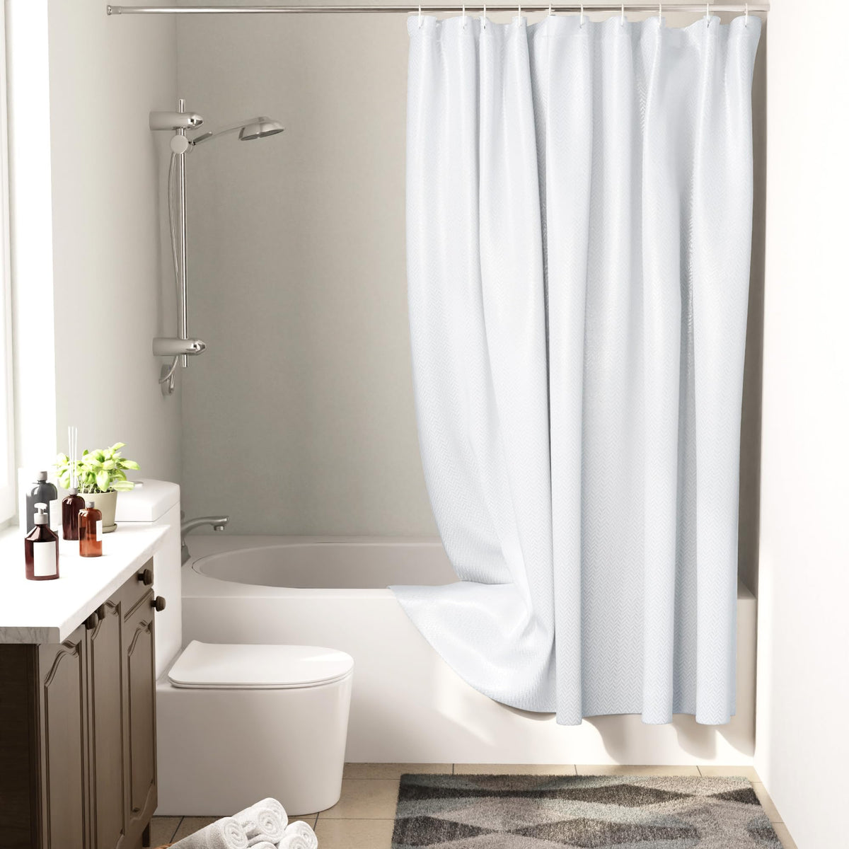 Encasa XO Luxury Jacquard Shower Curtain ZZ White 72x72 in | Rustproof, Wrinkle-Free, Water-Repellent & Machine Washable | Elegant Heavy Fabric for