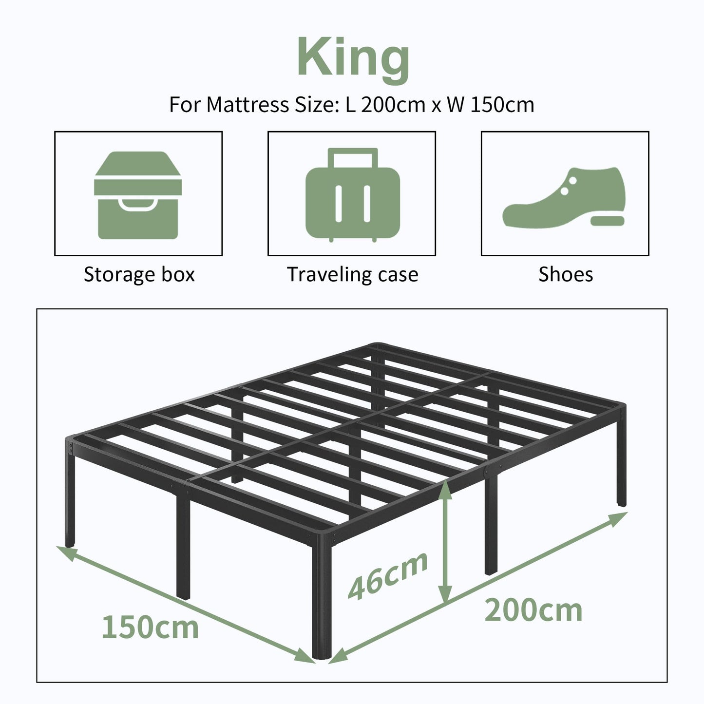Lutown-Teen High King Size Bed Frame 5ft With Rounded Corner Legs, Heavy Duty Metal, 46 cm High, Noise Free, Easy Assembly
