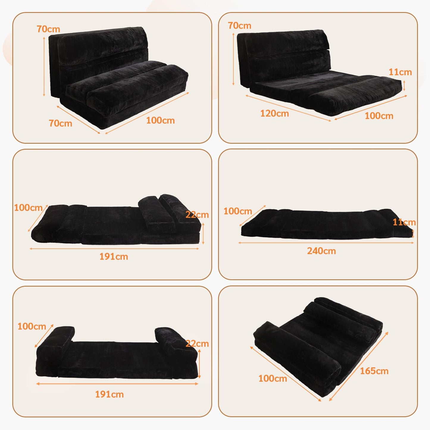 MAXYOYO Bean Bag Bed Folding Sofa Bed Floor Mattress for Adults, Extra Thick 6 Fold Floor Sofa Floor Couch for Bedroom Living Room, Black, 100x240 cm