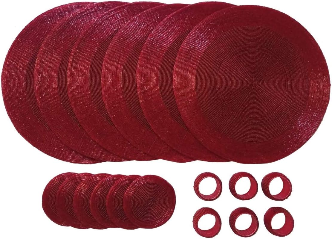 Penguin Home Glass Beaded Round Placemats Set (Red) New but missing 1 napkin ring, open, scruffy box