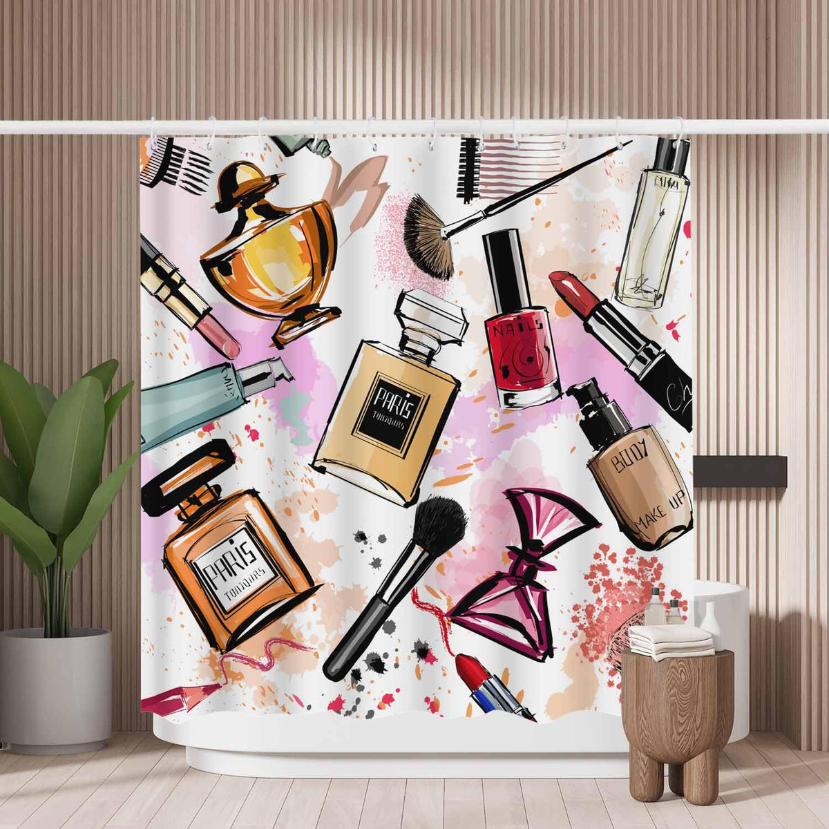 Woutay Shower Curtain Mould Proof Resistant Watercolor Cosmetics and Perfumes Collection,Water Repellant Fabric,Polyester,with 12 Plastic Hooks,Size