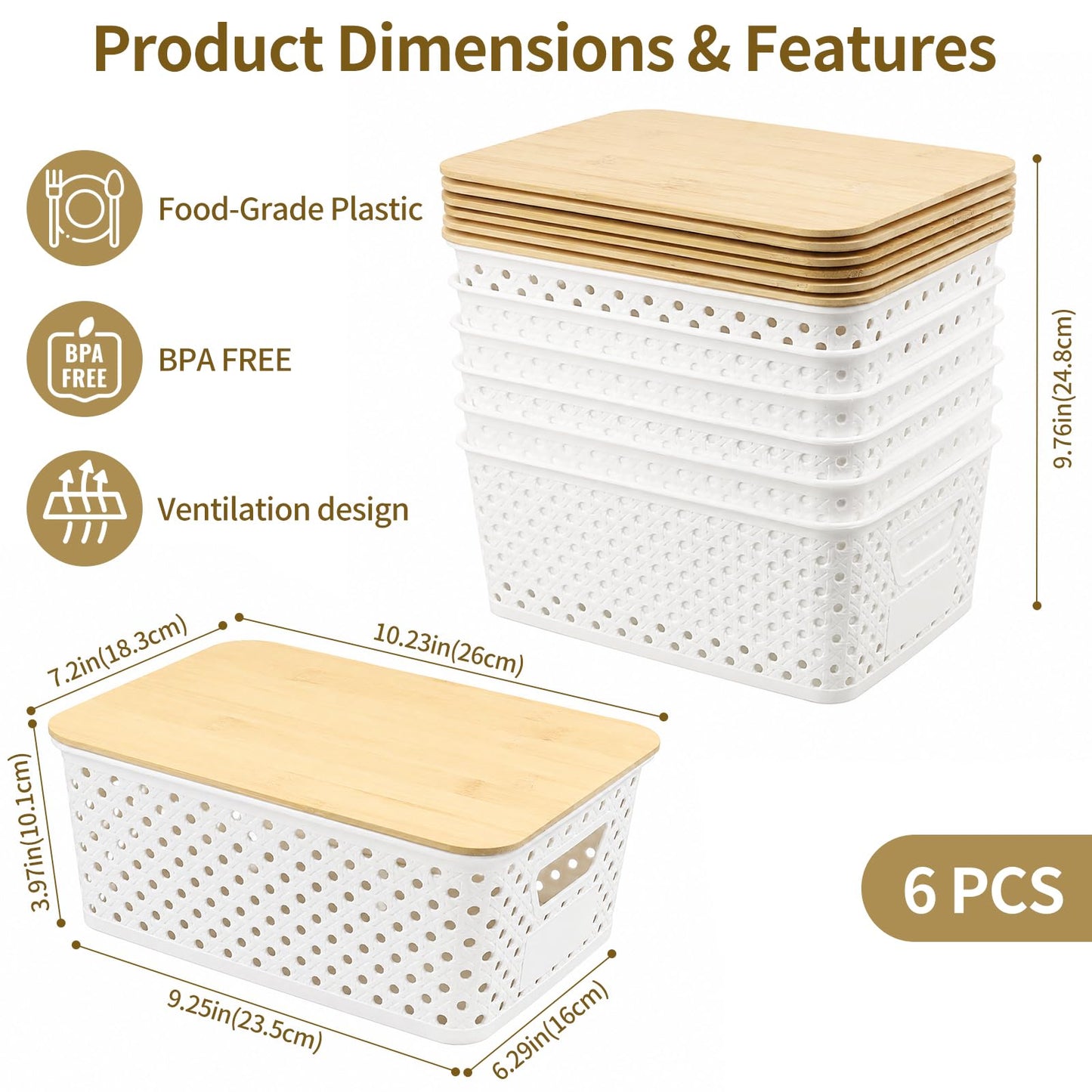 Yekolau 6 Pack Storage Bins for Shelves, Plastic Storage Containers with Bamboo Lids for Organizing, Stackable Storage Boxes with Handle