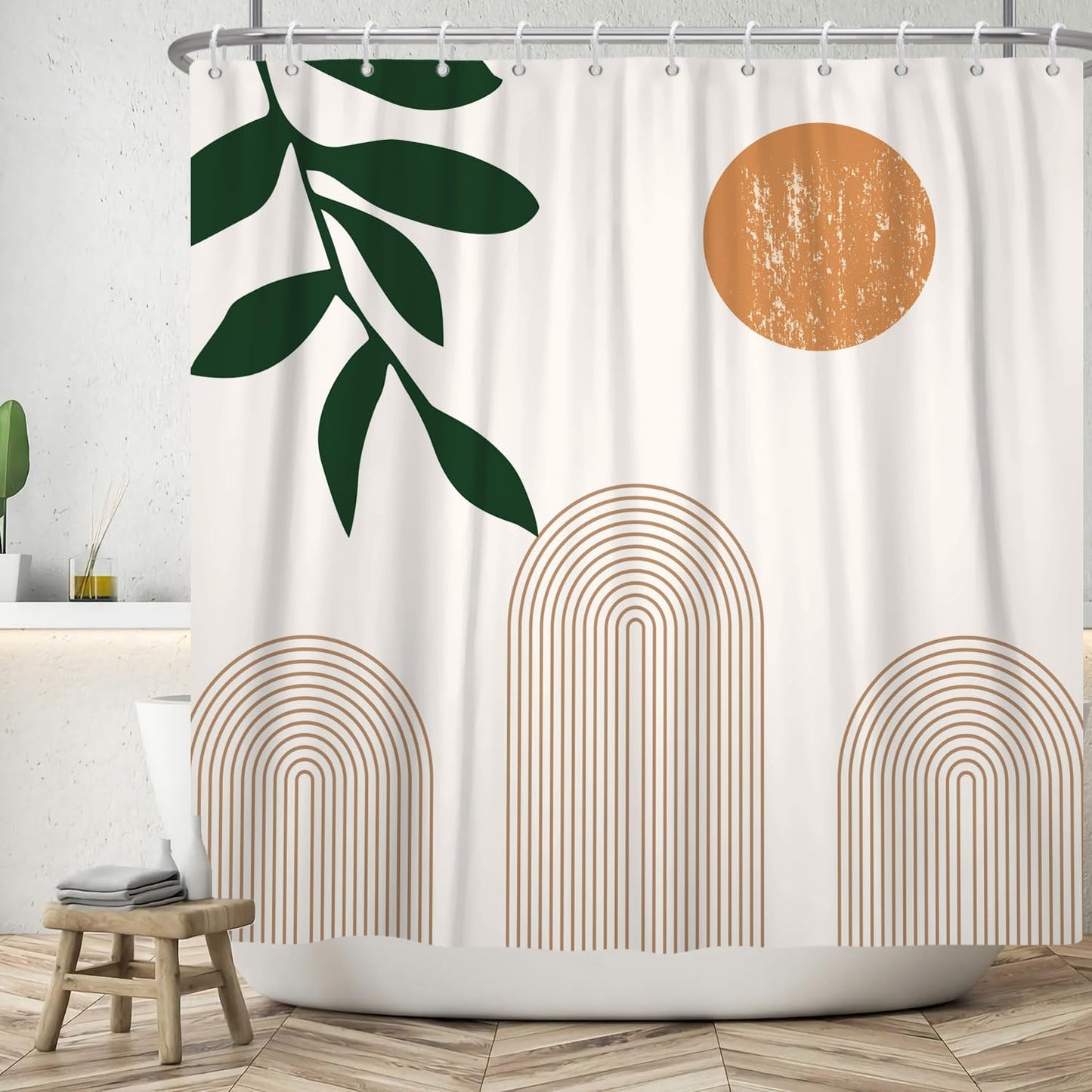 ASDCXZ Boho Shower Curtain 180 x 180 cm, Modern Abstract Art Orange Sun Green Leaves Brown Line Beige Bathroom Washable Shower Curtains Polyester