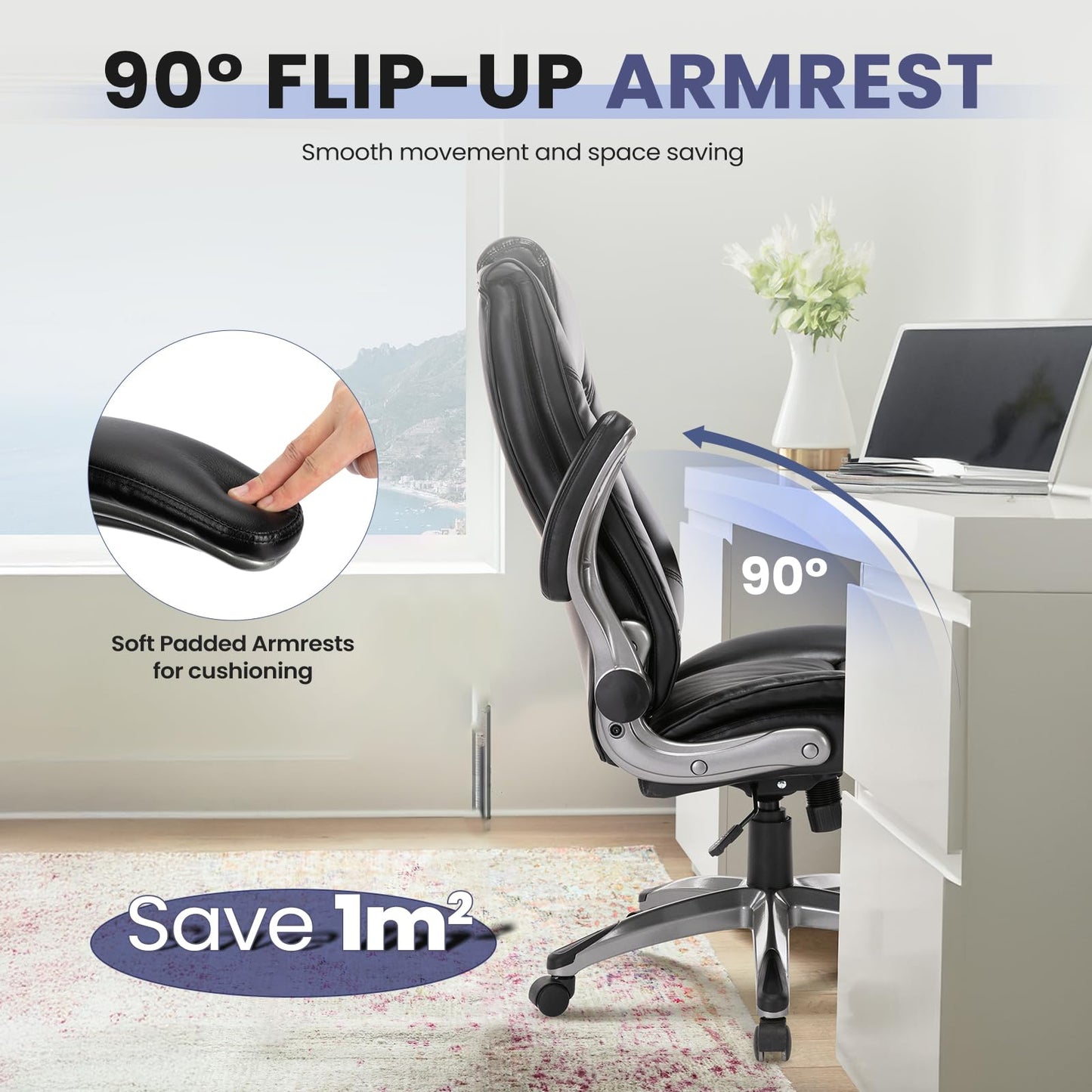 COLAMY Leather Executive Office Chair, Ergonomic Computer Chair with High Back, Spring Cushion Desk Chair for Home Office with Padded Flip-up Arm