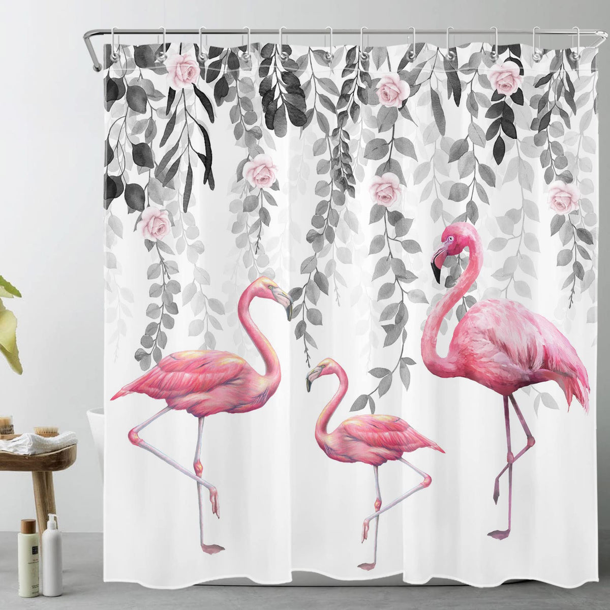 LB Pink Flamingo Shower Curtain Grey Leaf Rose Flower Shower Curtains for Bathroom Nature Plant Tropical Bird Polyester Anti Mould Waterproof Bath