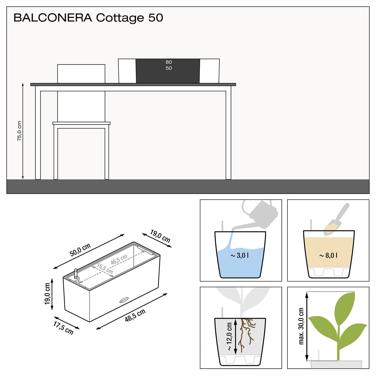 Lechuza BALCONERA Cottage 50 Self Watering Planter Plastic Indoor/Outdoor Flower Rattan Look Plant Pot Table and Window Box with Drainage Hole H19 L50