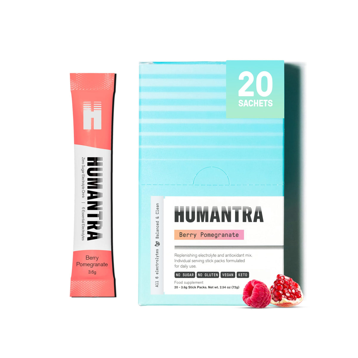 Humantra Electrolyte Packets | Zero Sugar | W/ 6 Electrolytes | Electrolytes Powder (20 Count, Berry Pomegranate)