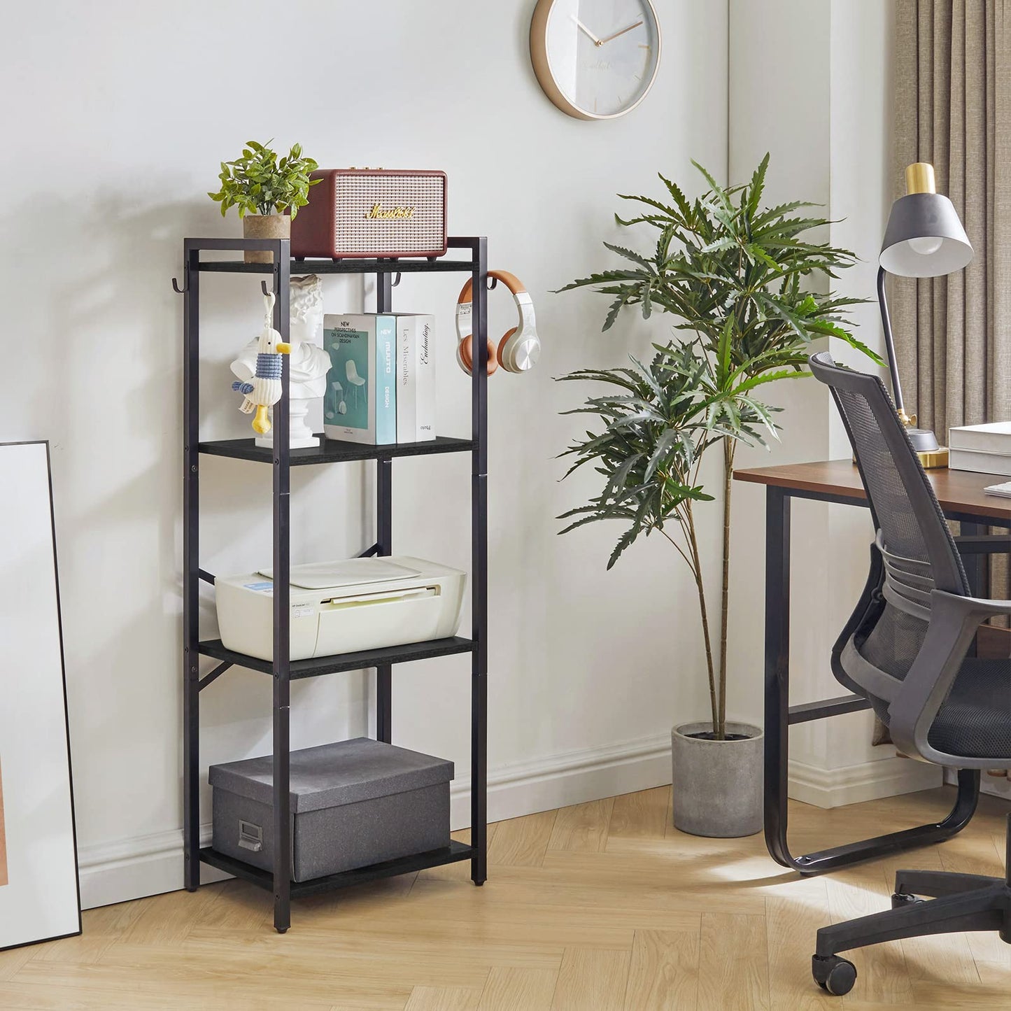 YMYNY Bookcase,4 Tier Storage Rack, Plant Rack, Storage Rack with Steel Frame,for Living Room, Office, Study, Hallway, Industrial Style, Black HBC004B