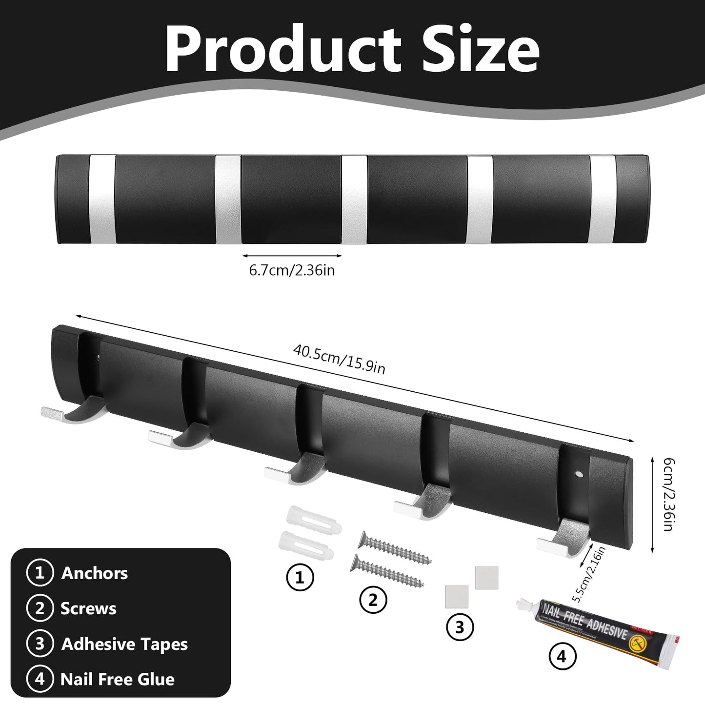 MSYU 2 Pack Retractable Wall-Mounted Coat Rack with 5 Hooks, Modern Space-Saving Clothes Hanger for Hats, Jackets & Bags