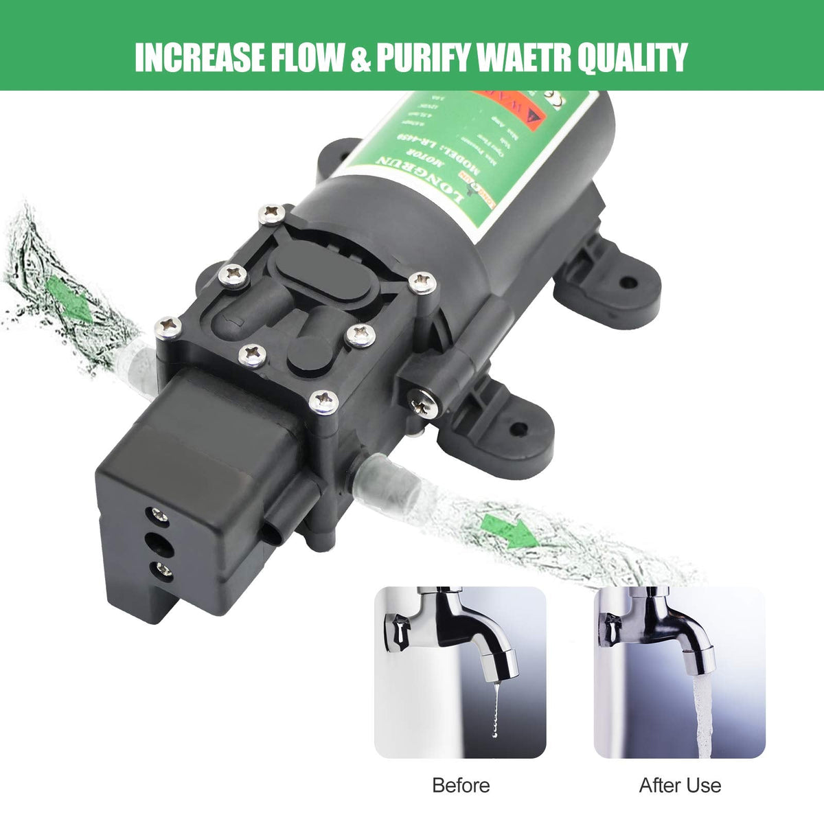 LONGRUN 12V DC Water Pump, Diaphragm Water Pump with Pressure Switch, 4.5L/Min 85 PSI High Pressure Self Priming Caravan Water Pump, Water Pressure