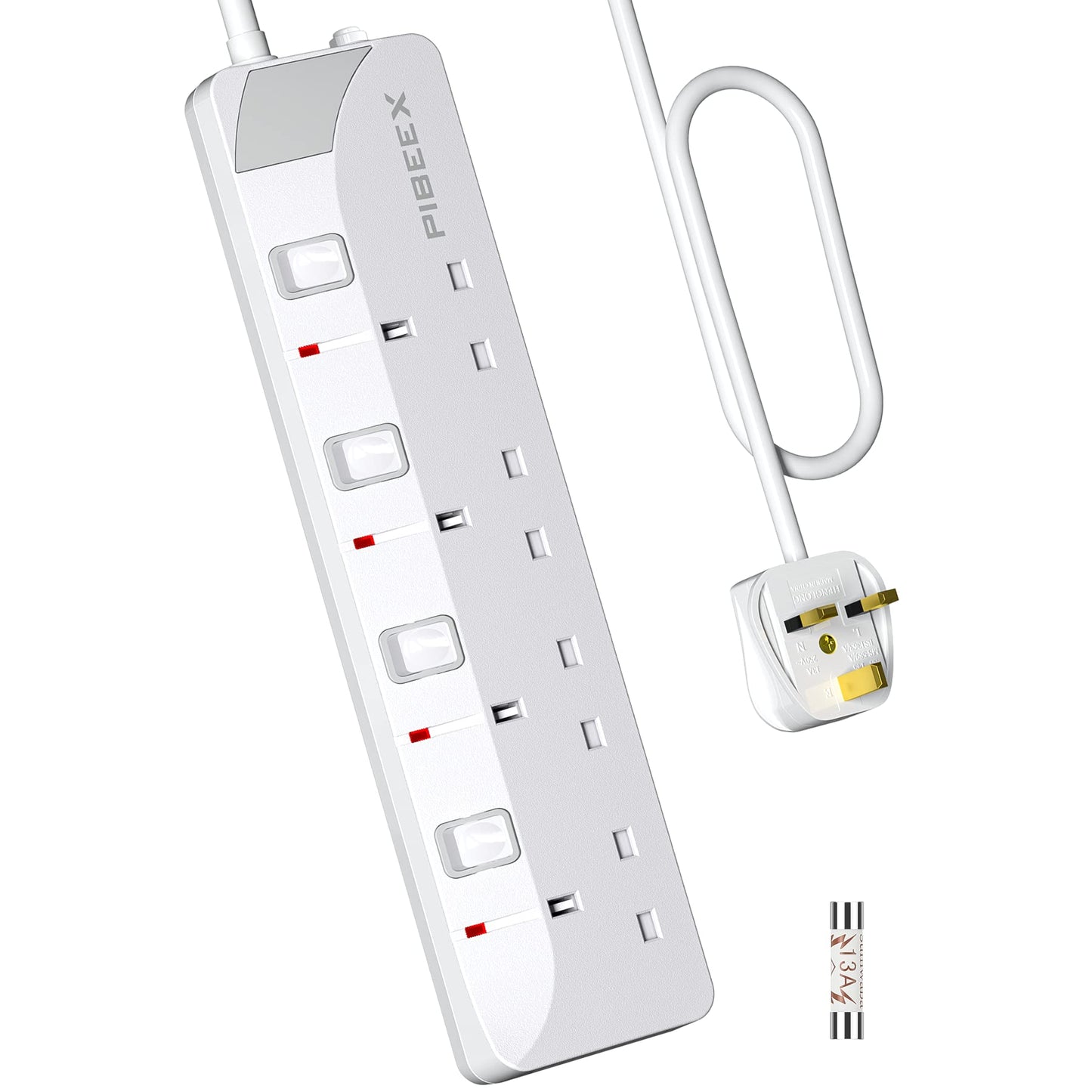 PIBEEX Extension Lead 4 Way Multi Plug Extension Sockets with Individual Switches Wall-Mounted Power Strip 1.5M Extension Cord 13A Fused UK Plug 3250W