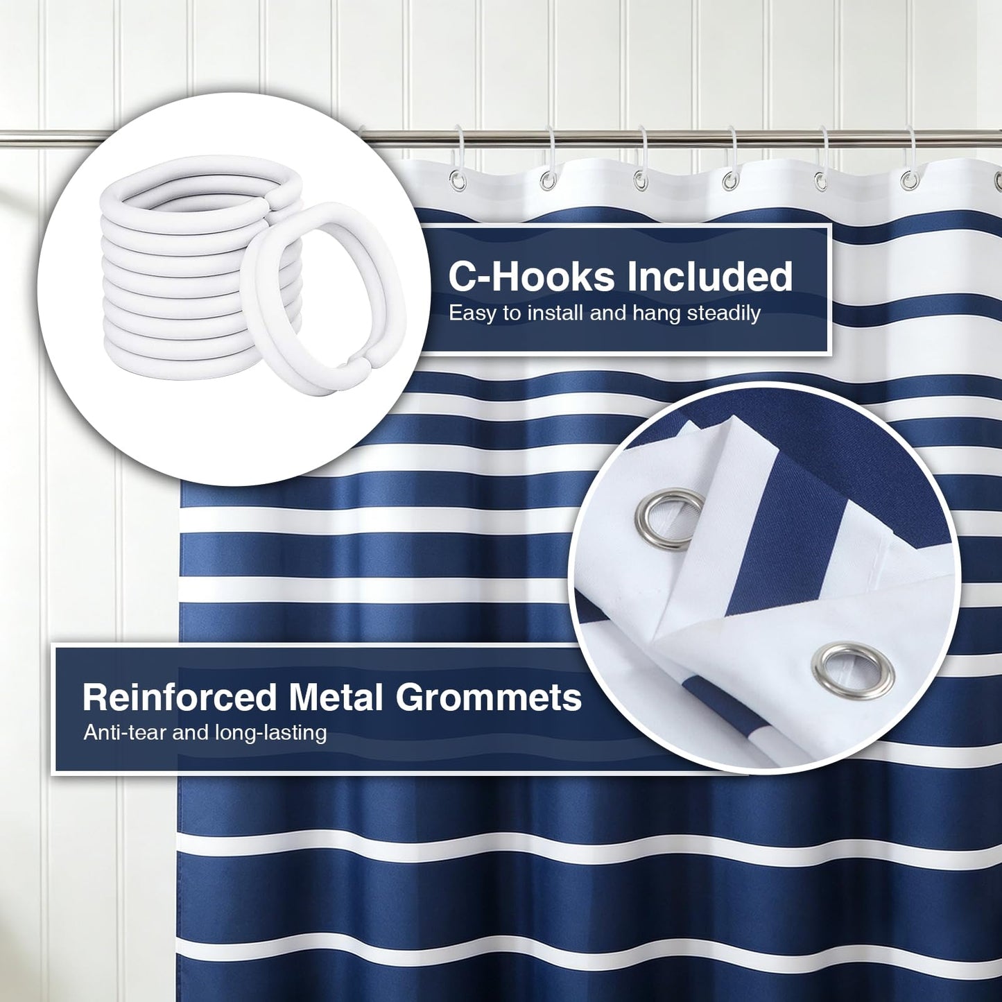 Blue and White Striped Shower Curtain with Hooks for Bathroom - Waterproof Polyester Fabric Shower Curtains, Anti-Cling Weighted Hem