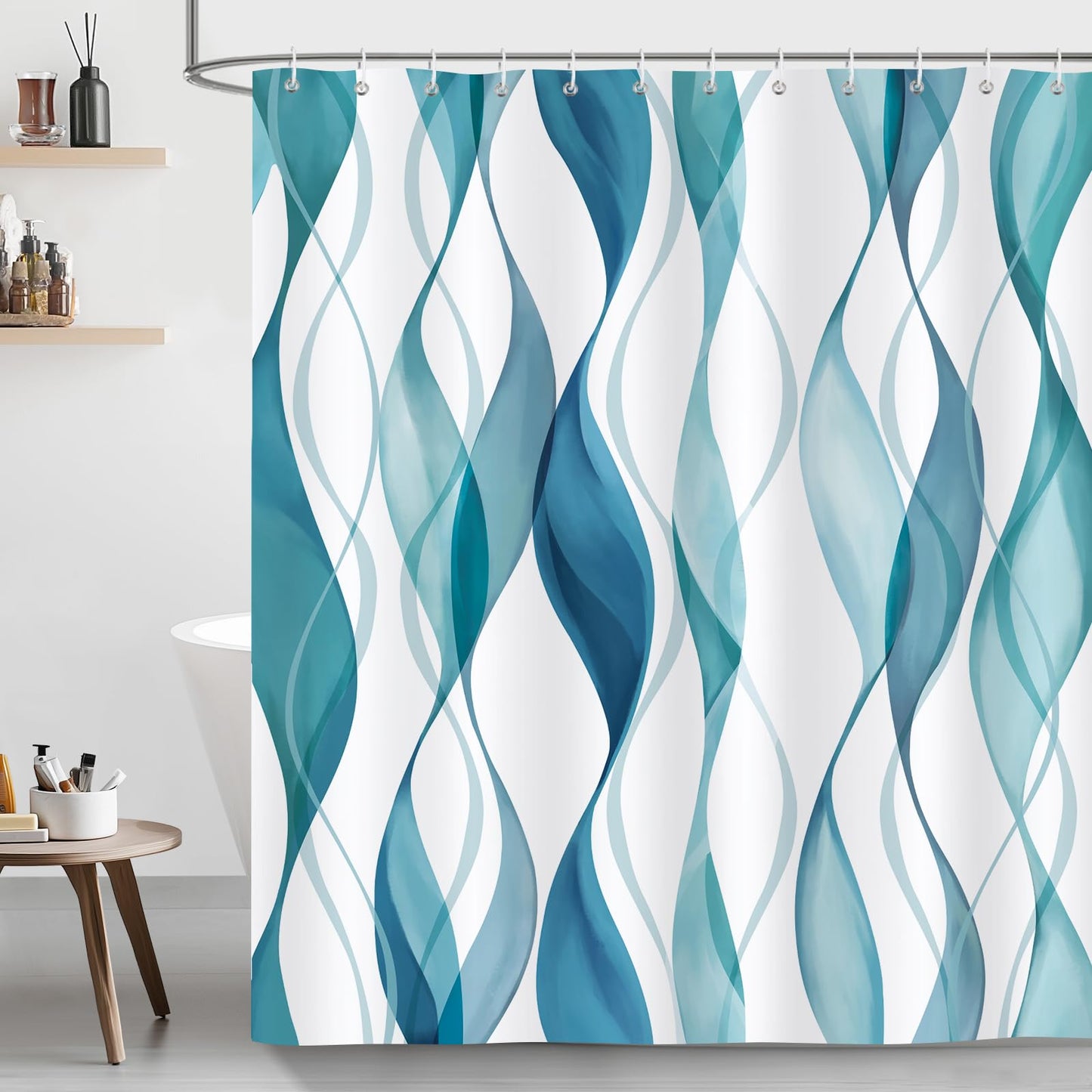 Bonhause Blue and Teal Striped Shower Curtain, Modern Minimalist Bathroom Curtain 180 x 180 cm Waterproof Mildew and Mould Resistant Polyester Fabric
