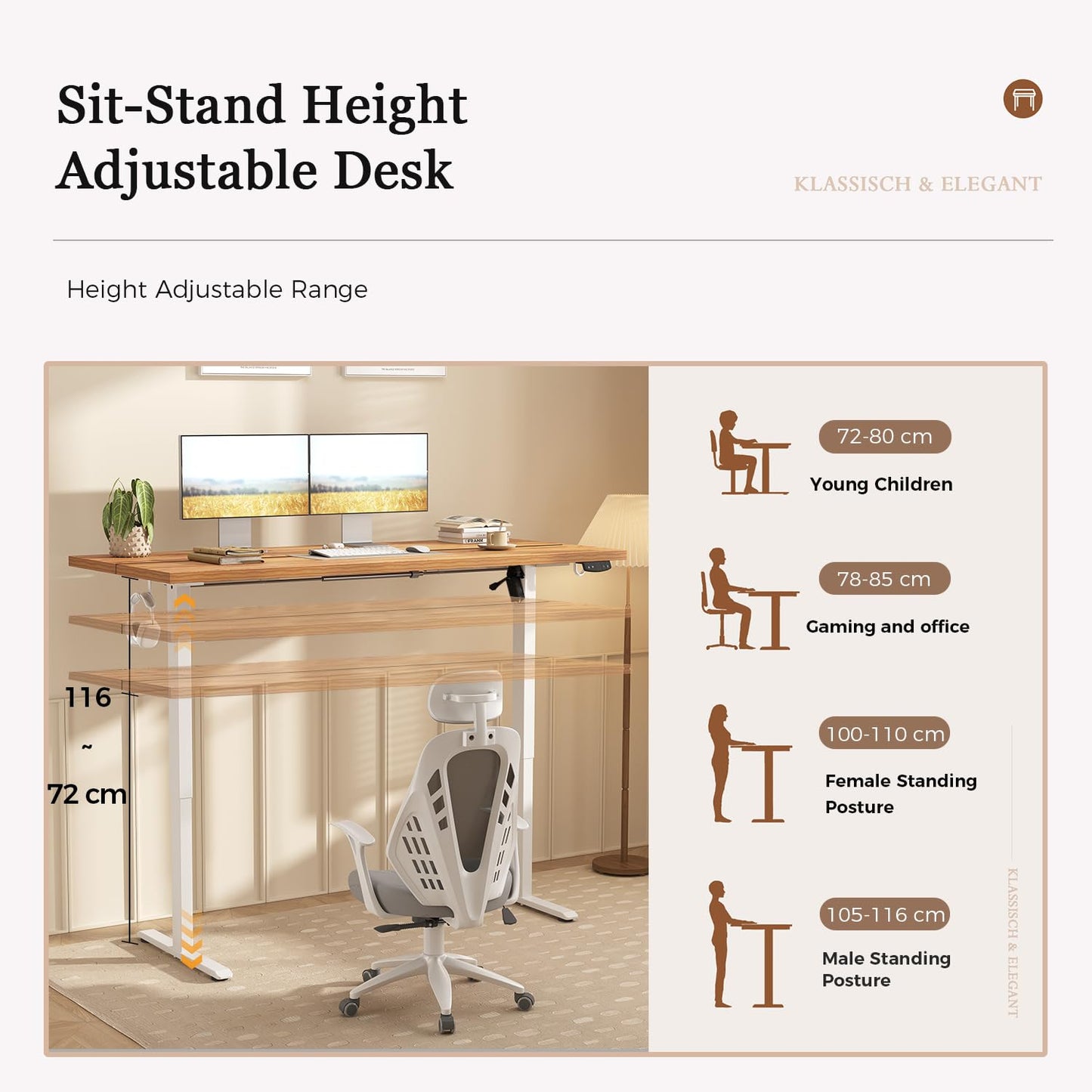 Klicelor Electric Standing Desk, 2 Memory Buttons for stand & sit, 100x60