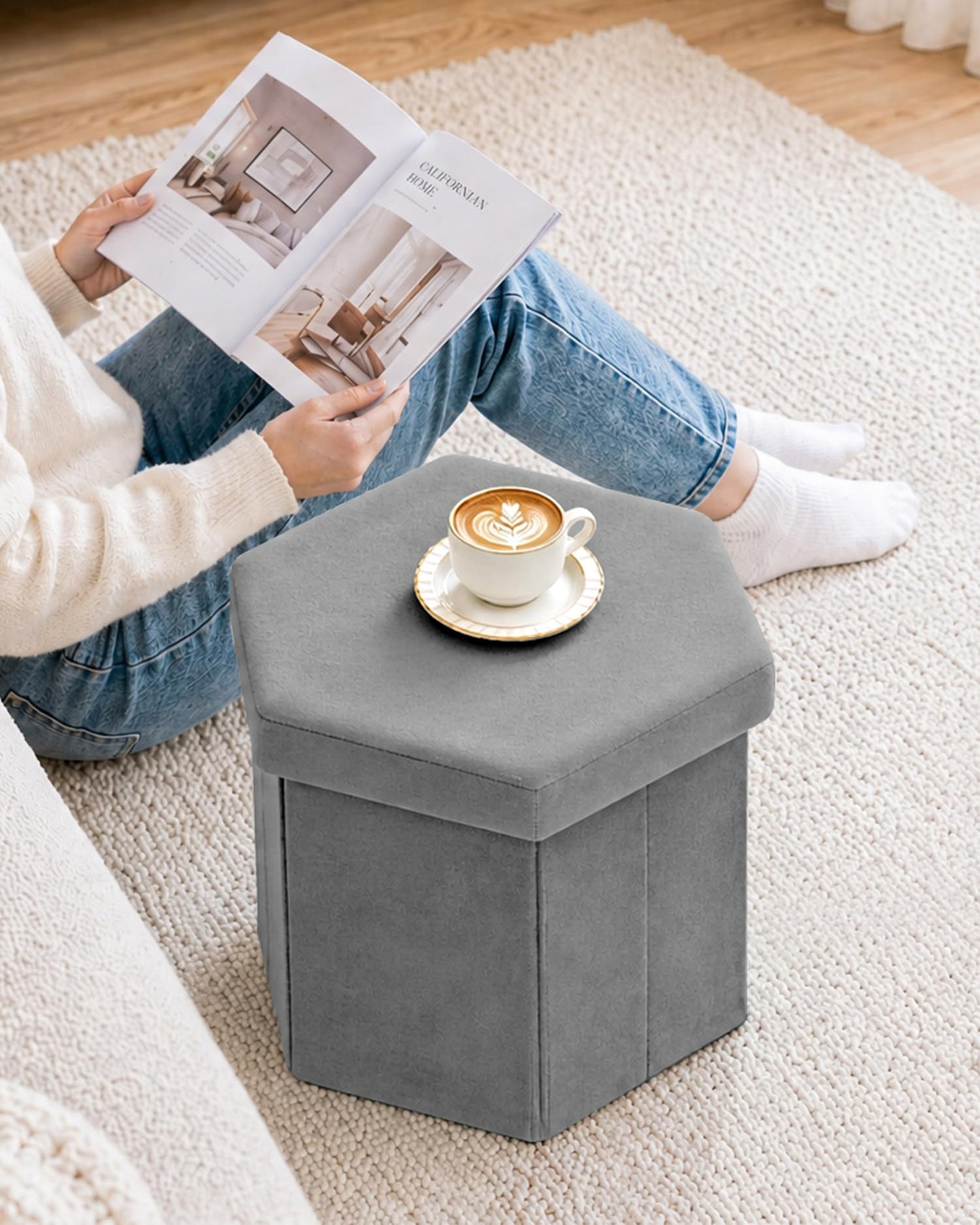 Bonlife Folding Storage Ottoman Hexagonal, Footrest with Toy Ches Box, 43cm
