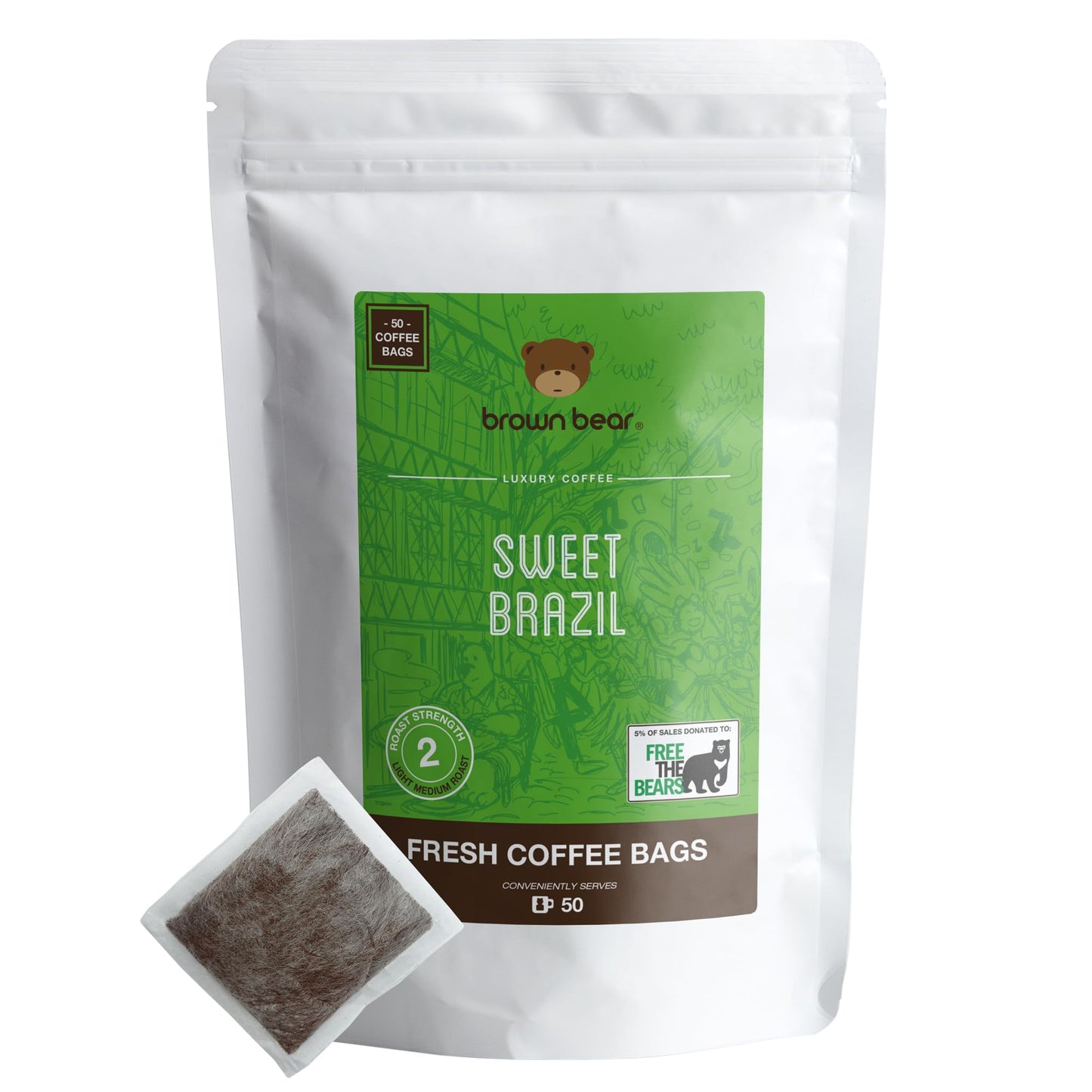 Brazilian Coffee Bags - Pack of 50 - Medium Roast - Brown Bear Sweet Brazil Blend - Strength 3 - Donation to Free The Bears - Individual Arabica