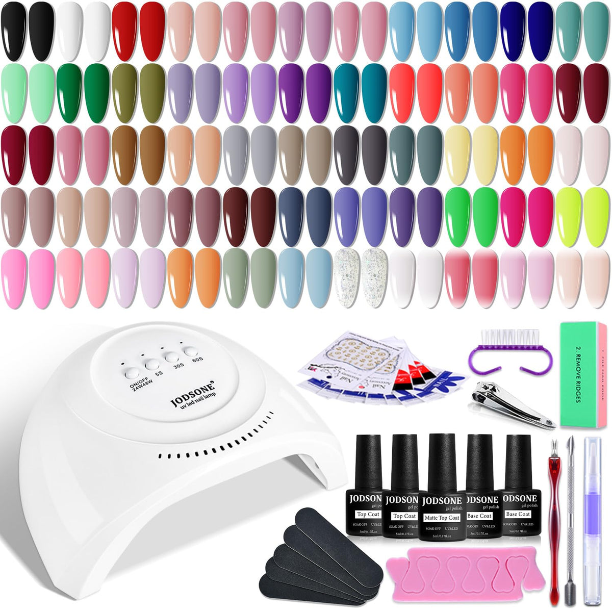 JODSONE 60 PCS Gel Nail Polish Kit with U V Light Base and Matte Glossy Top Coat Nail Gel Polish Soak off Manicure Accessory Tools Suitable for All