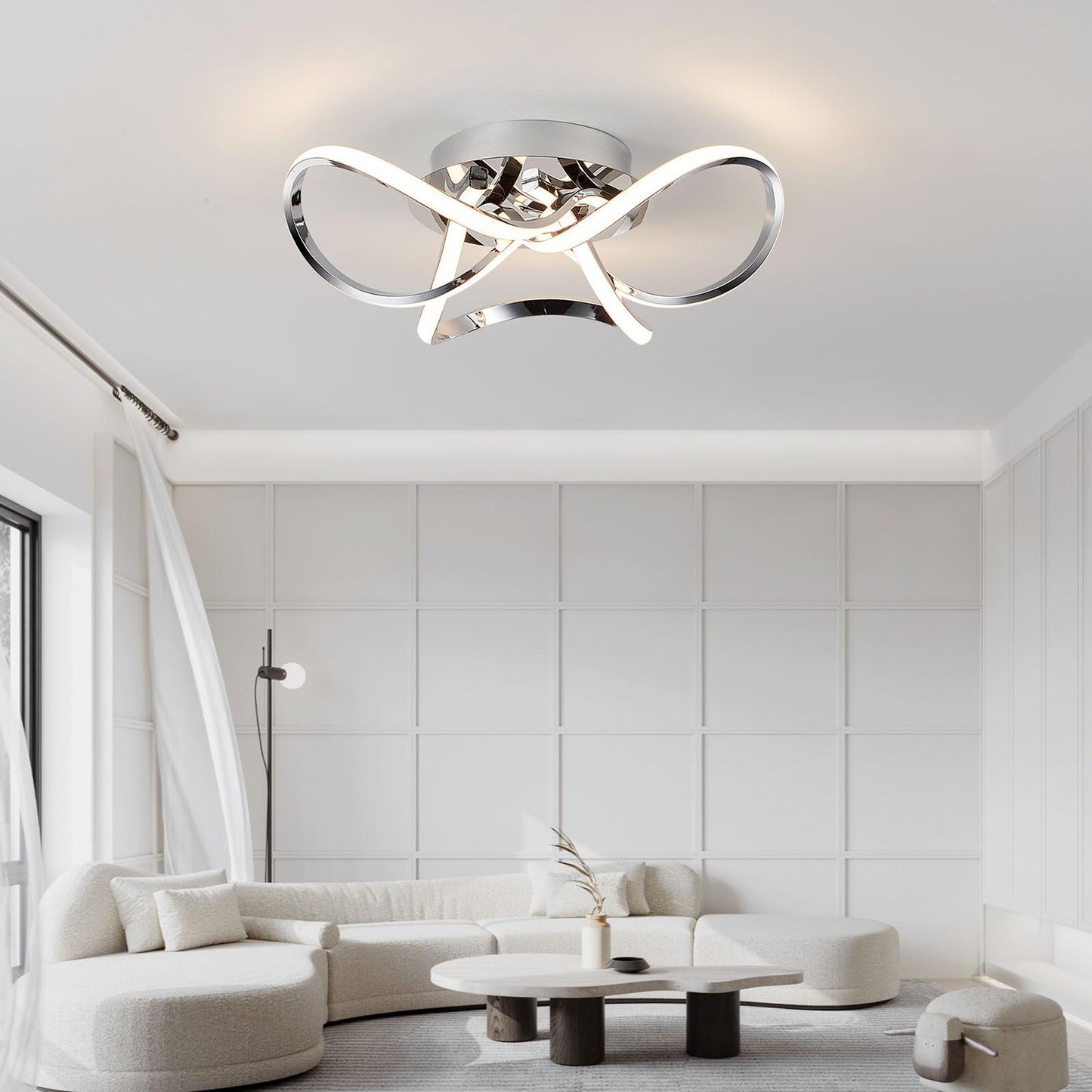 AUROLITE AL1015D Contemporary LED Chrome Semi Flush Ceiling Light, 12W 2200LM, Dimmable, 3000K Warm White, Modern Swirl Design, Ideal for Lounge,