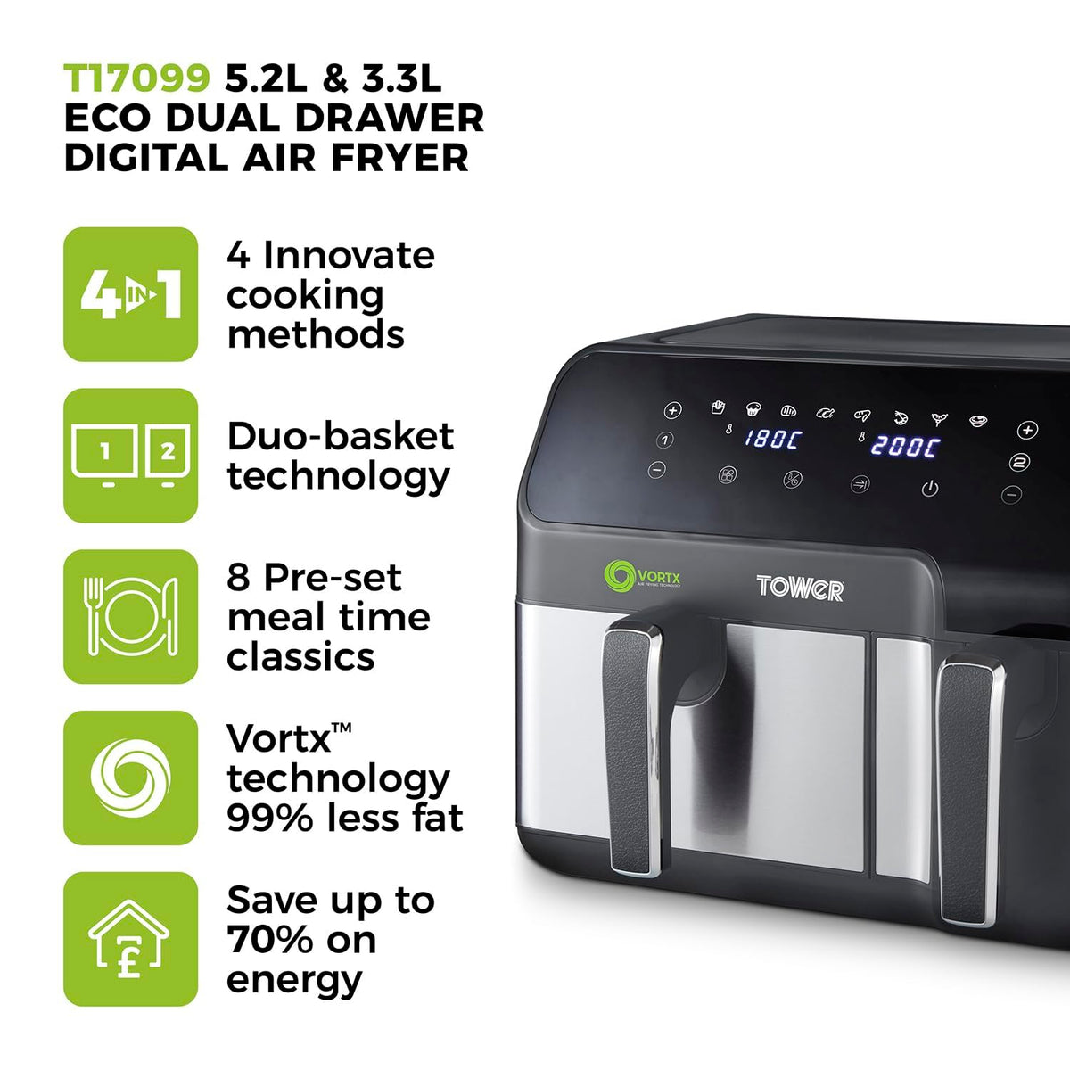 Tower T17099 Vortx 5.2L & 3.3L Eco Dual Basket Air Fryer with 8 One-Touch Pre-sets, 1700W, Black