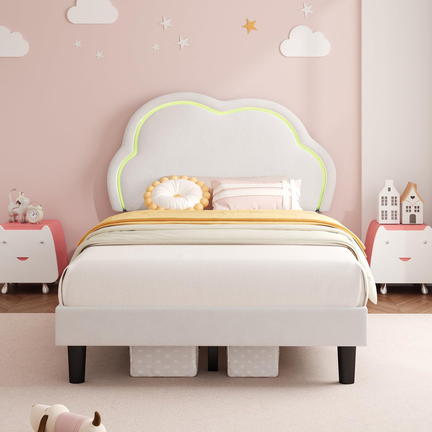ModernLuxe 3FT LED Single Upholstered Bed 90x190cm for Kids Velvet Single Bed Frame Cloud Headboard Girls Bed with Adjustable Lighting
