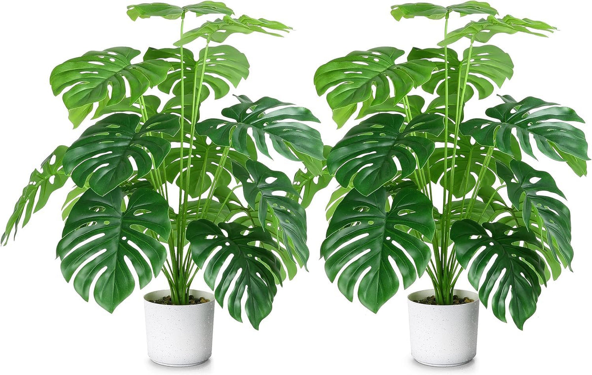 Sour Lemon 28" 2 Pack Fake Plants Large Tropical Palm Tree Artificial Monstera Faux Plant Tree in Pot for Indoor Outdoor Home Office Garden Decoration