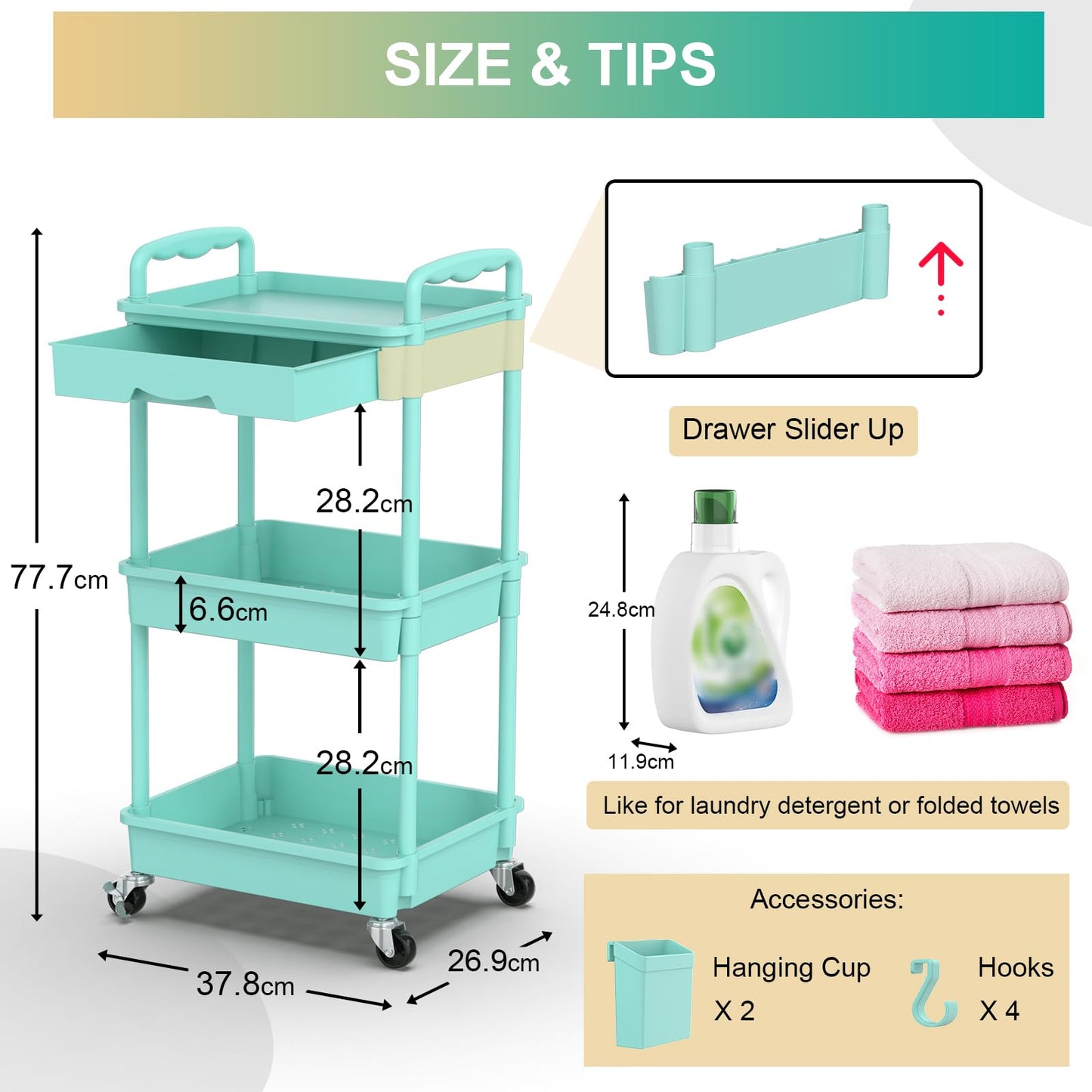Yeabett 3 Tier Craft Trolley, Storage Trolley On Wheels Utility Cart With Drawer For Kitchen, Bathroom, Office, Living Room, Blue