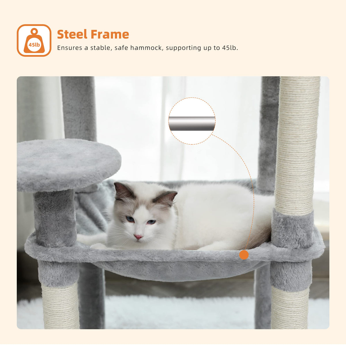 PAWZ Road Cat Tree, Big Cat Tower, Activity Center stable and sturdy, Cat Tree with hammock and lovely Cat House Grey 143cm/56.2"